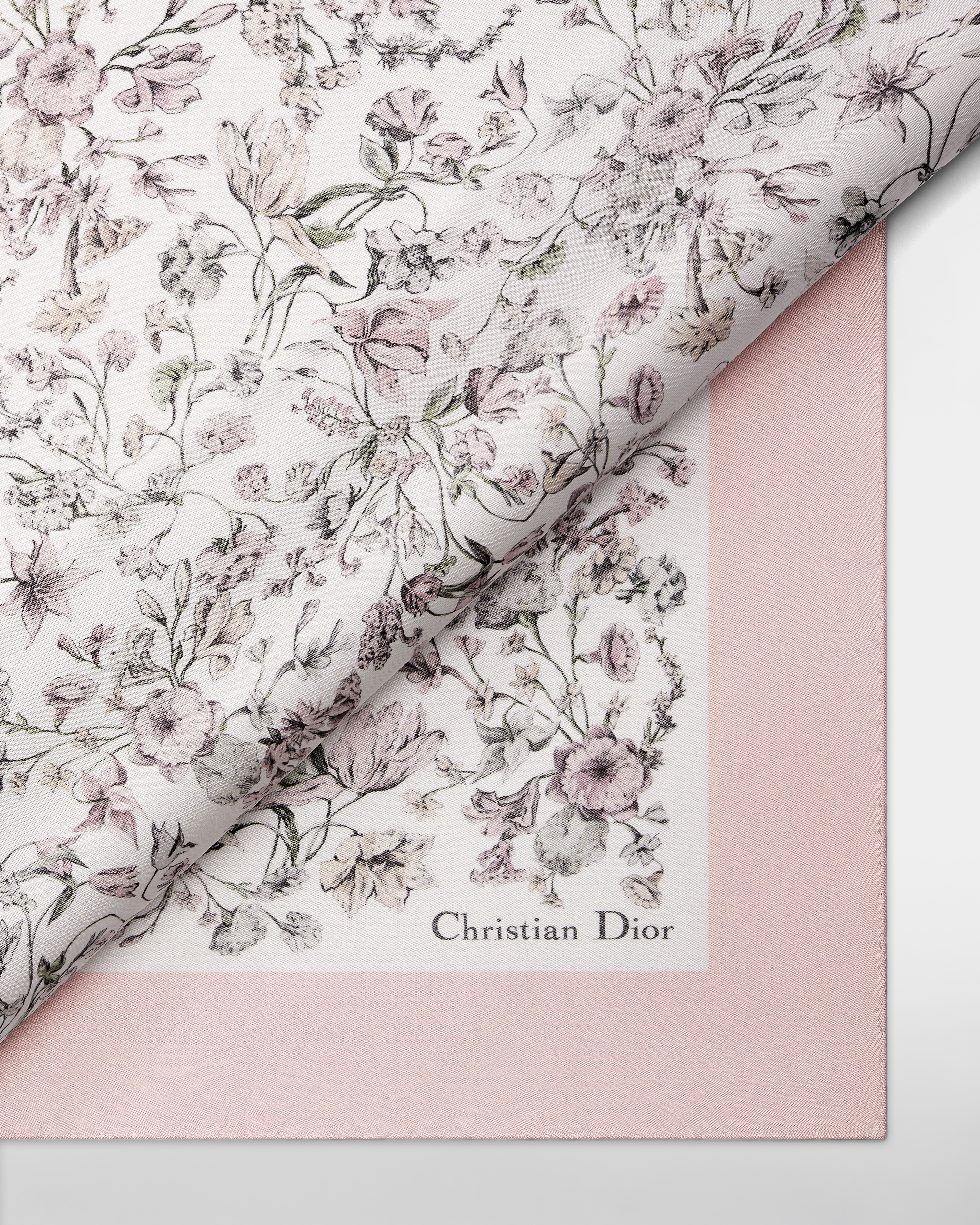 Carré 70 Millefiori Twill de soie blanche et rose E09