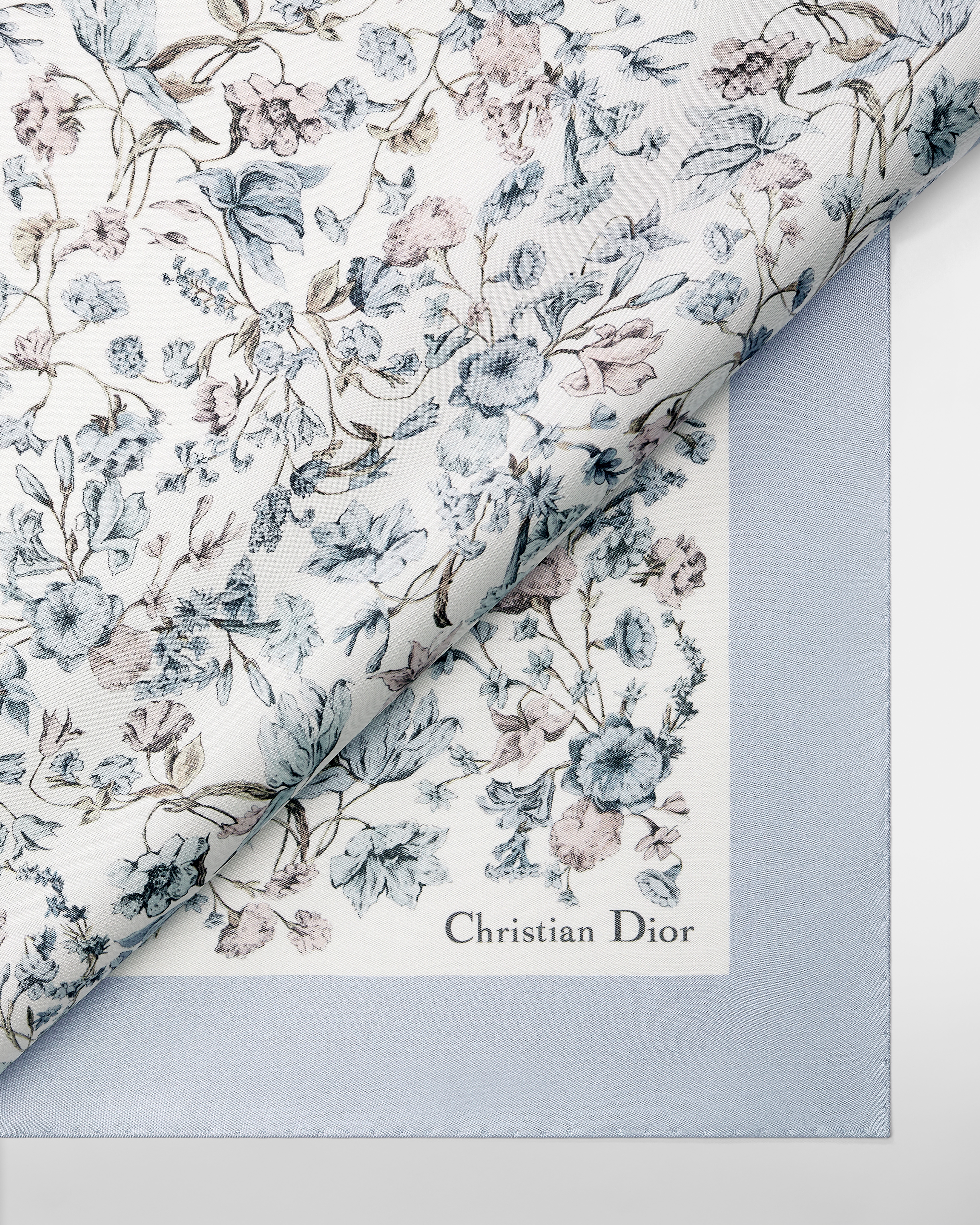 Millefiori 70 Square Scarf White and Blue Silk Twill E09