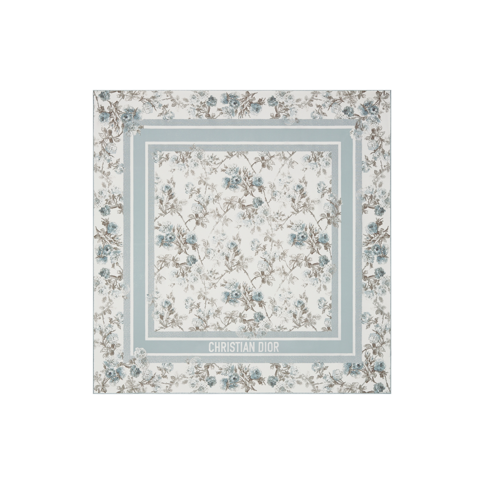 Rosier de Dior 90 Square Scarf White and Azure Blue Silk Twill E01