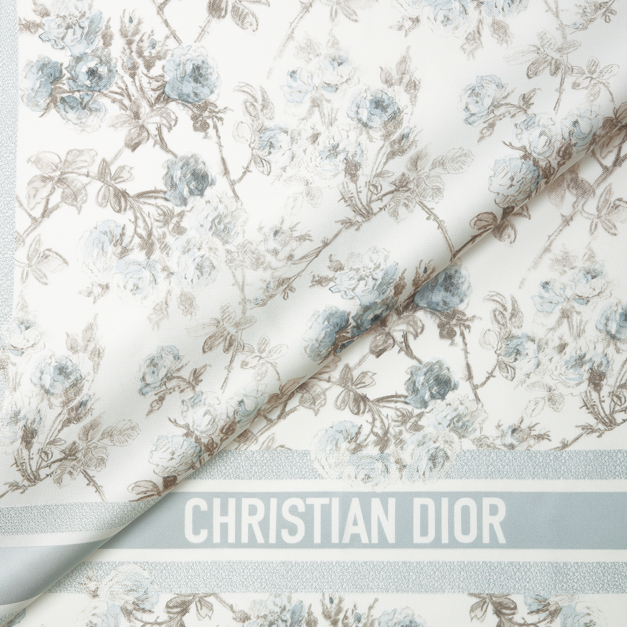 Rosier de Dior 90 Square Scarf White and Azure Blue Silk Twill E09