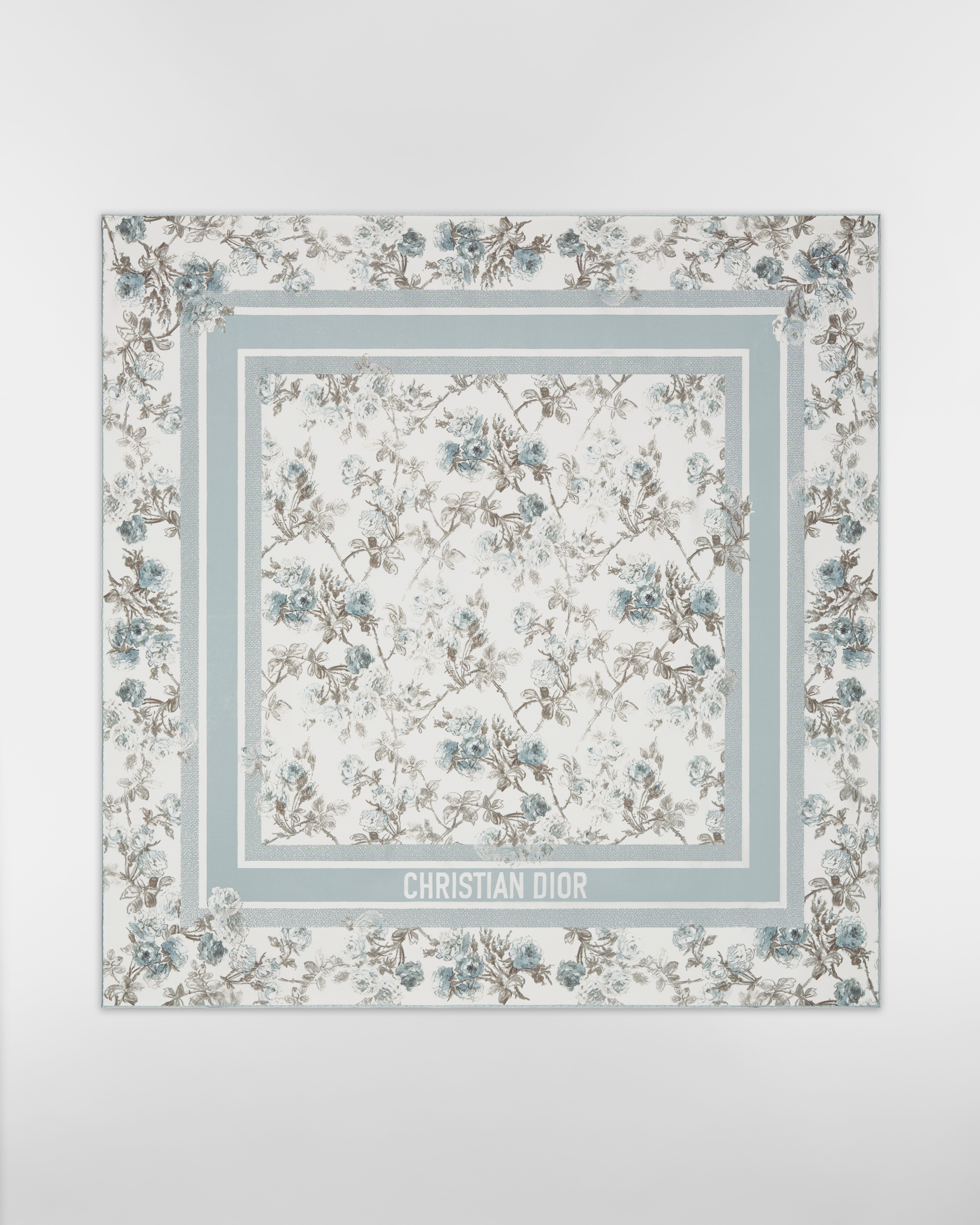 Rosier de Dior 90 Square Scarf White and Azure Blue Silk Twill E01