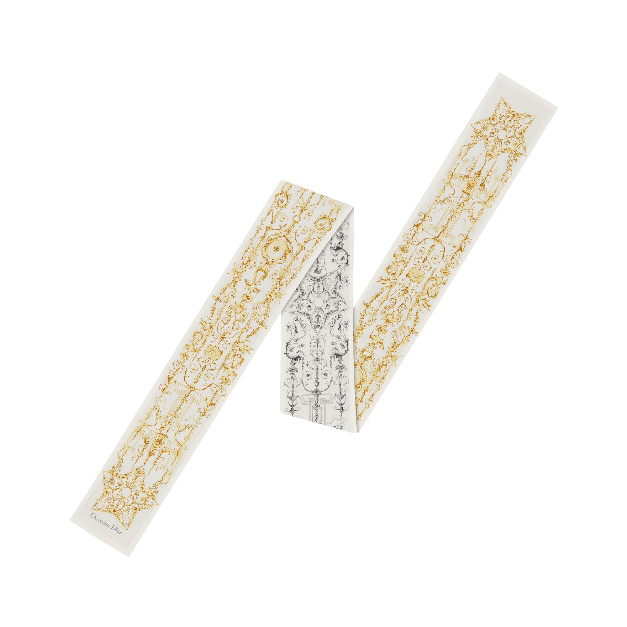 Maxi Dioresque Stella Mitzah Scarf White, Gold-Tone and Gray Silk Twill E01