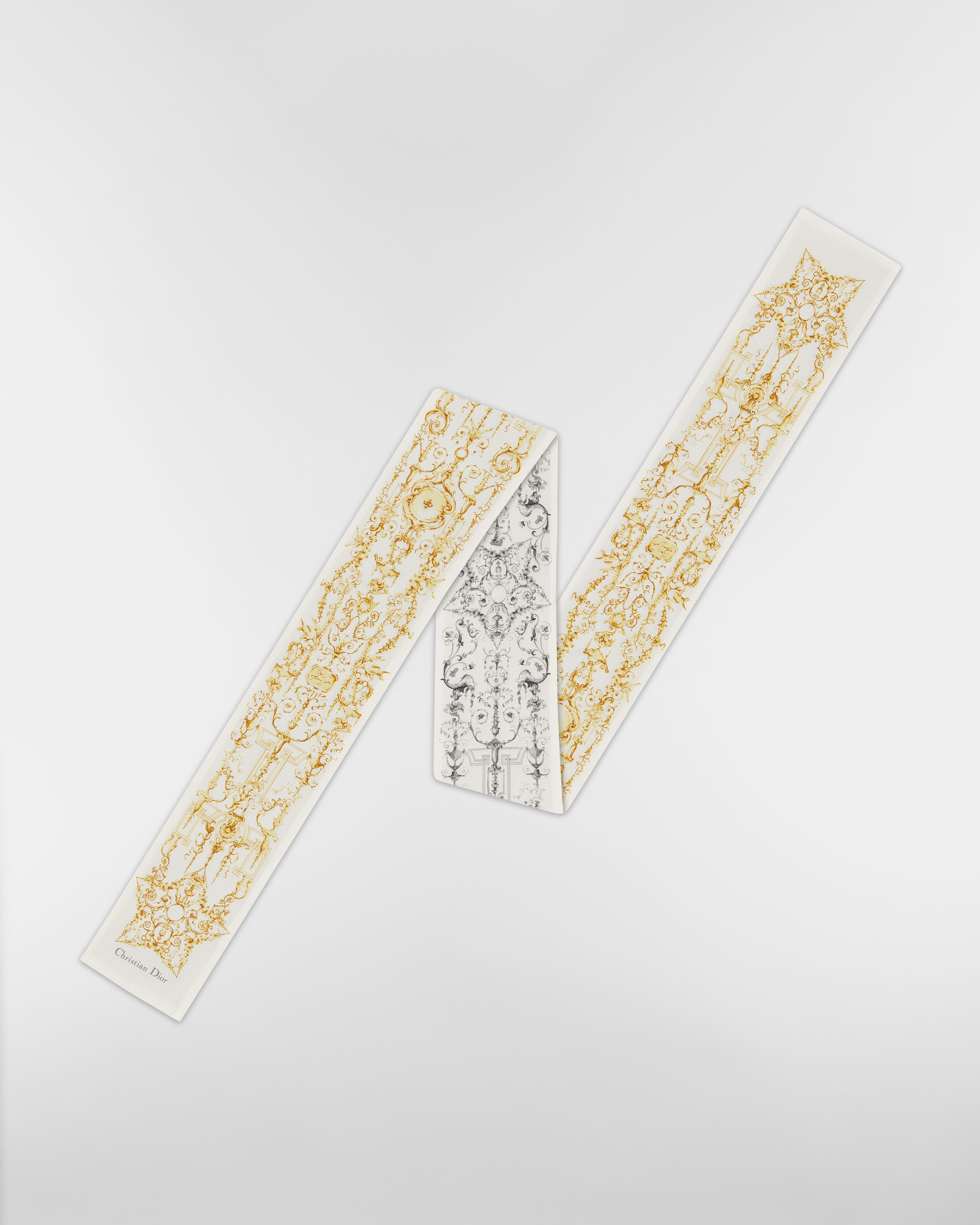 Maxi Dioresque Stella Mitzah Scarf White, Gold-Tone and Gray Silk Twill E01