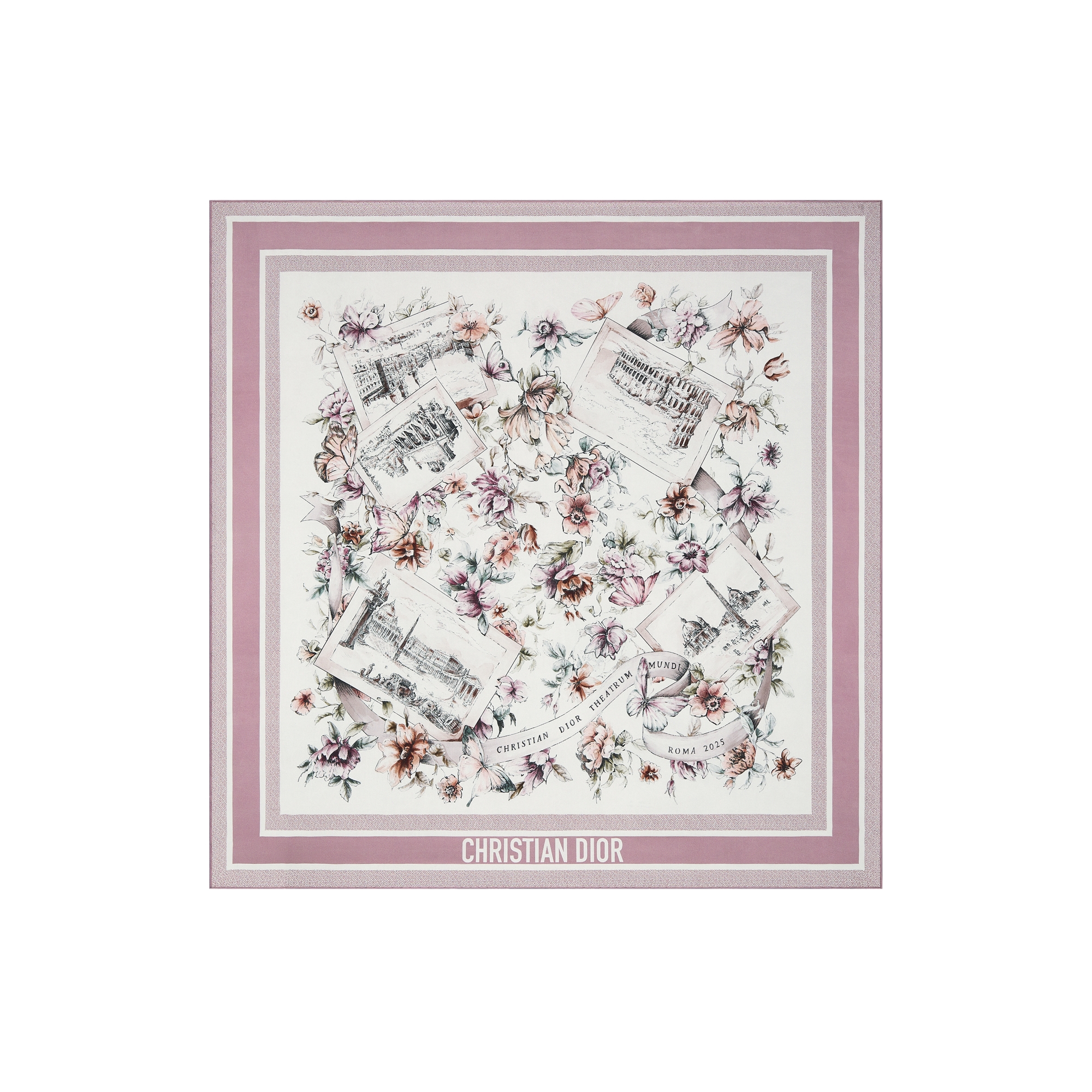 Souvenir de Rome 90 Square Scarf White and Purple Silk Twill E01