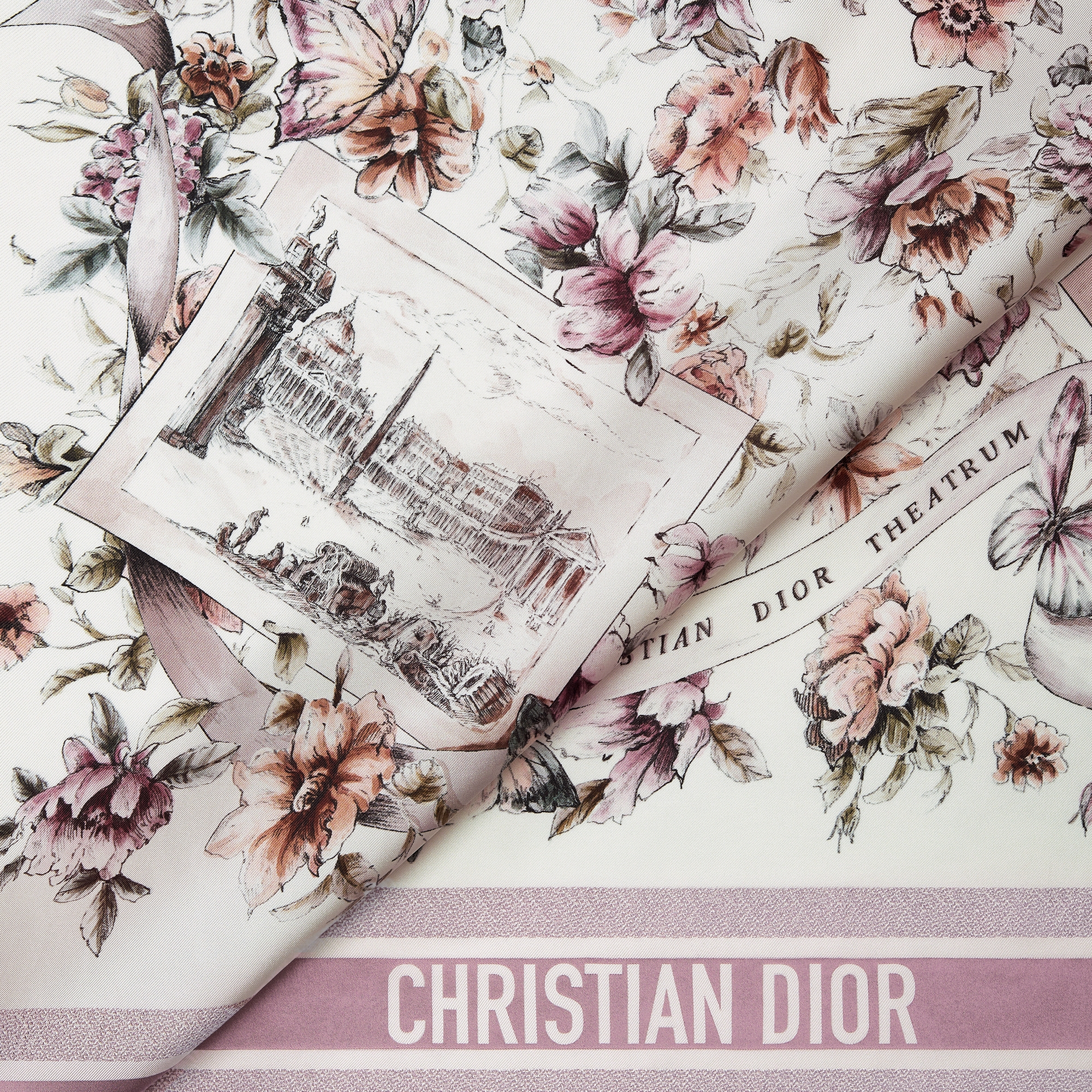 Souvenir de Rome 90 Square Scarf White and Purple Silk Twill E09