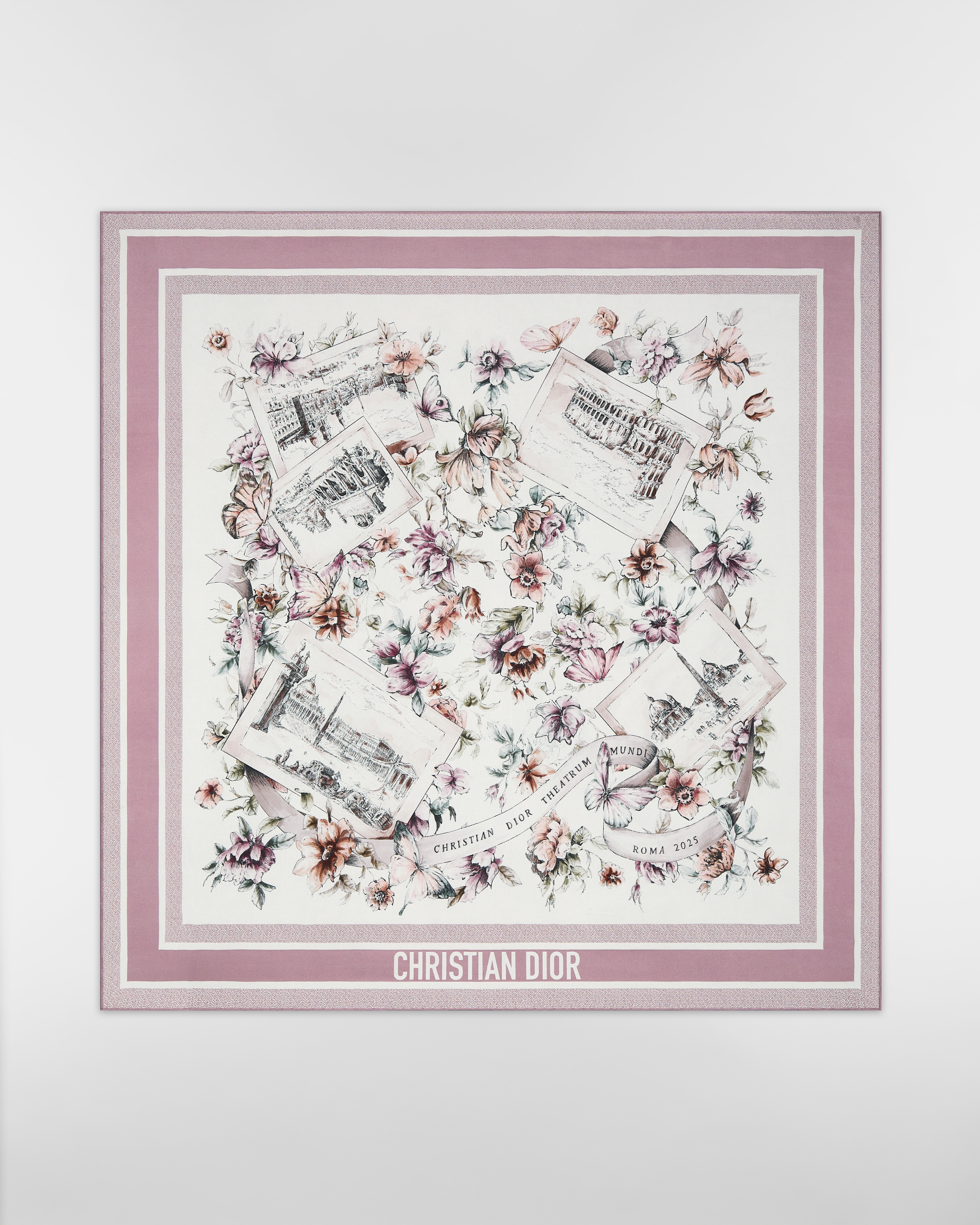 Souvenir de Rome 90 Square Scarf White and Purple Silk Twill E01