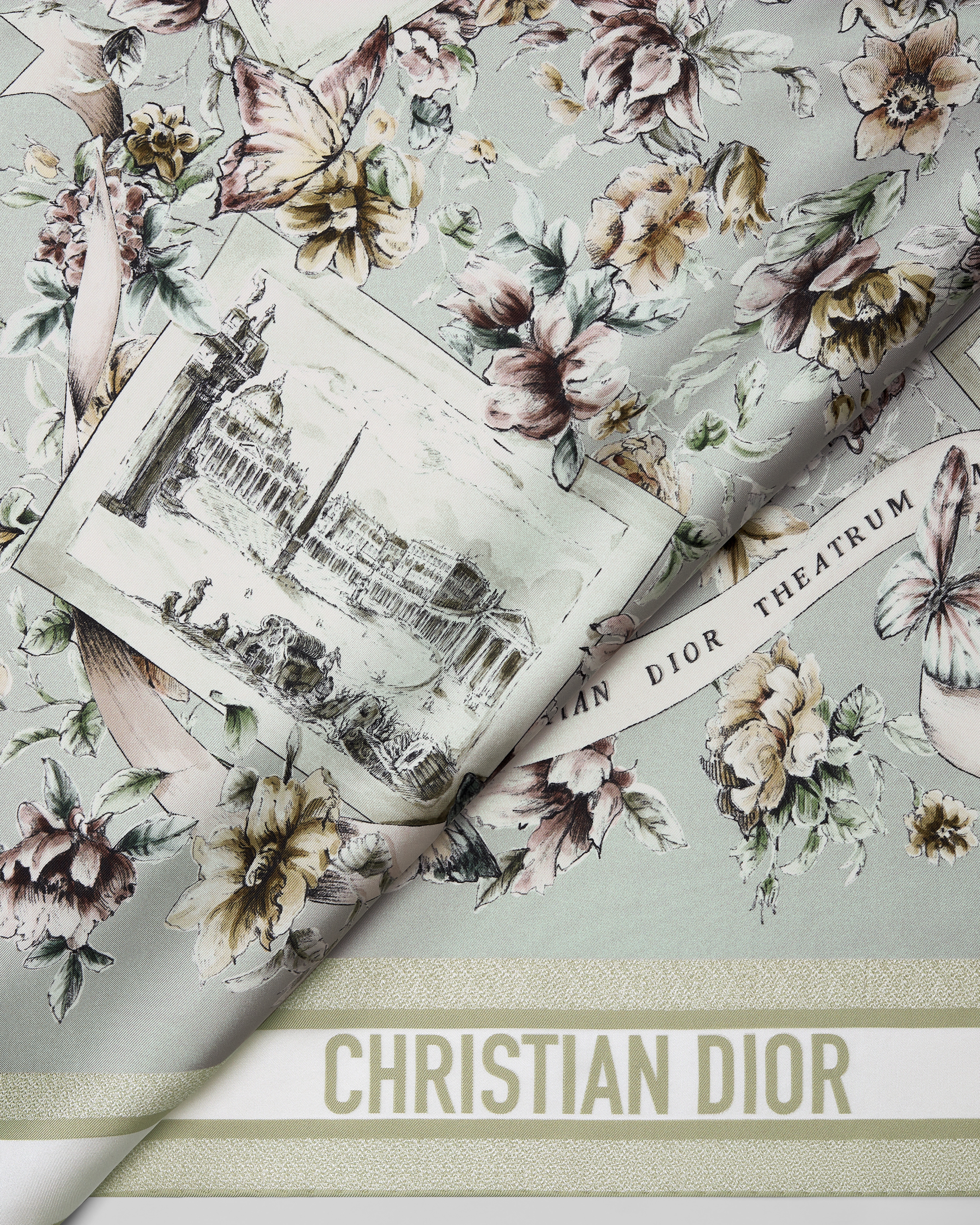 Souvenir de Rome 90 Square Scarf Green Multicolor Silk Twill E09