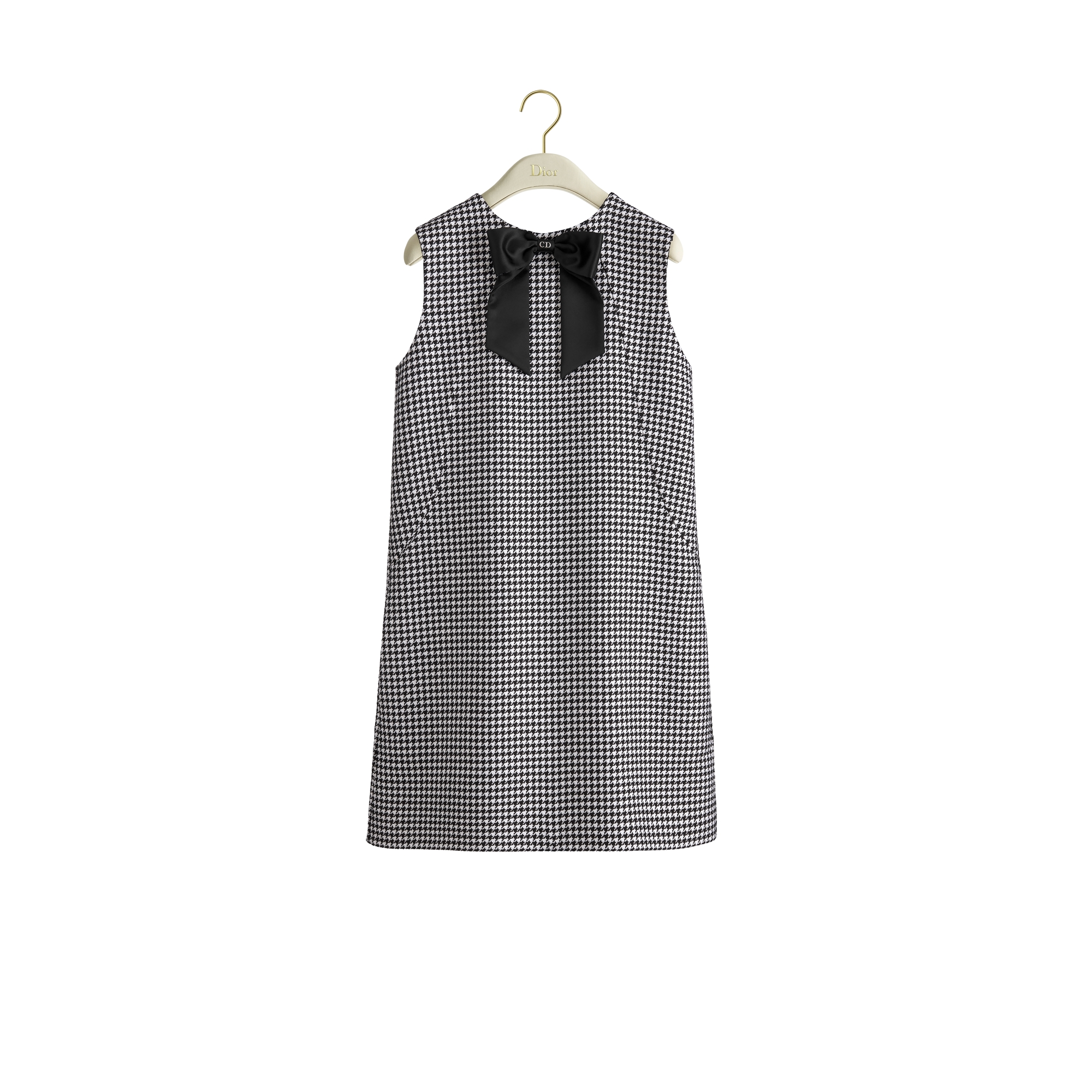 Straight-Cut Short Dress Black and White Houndstooth Virgin Wool Blend E01