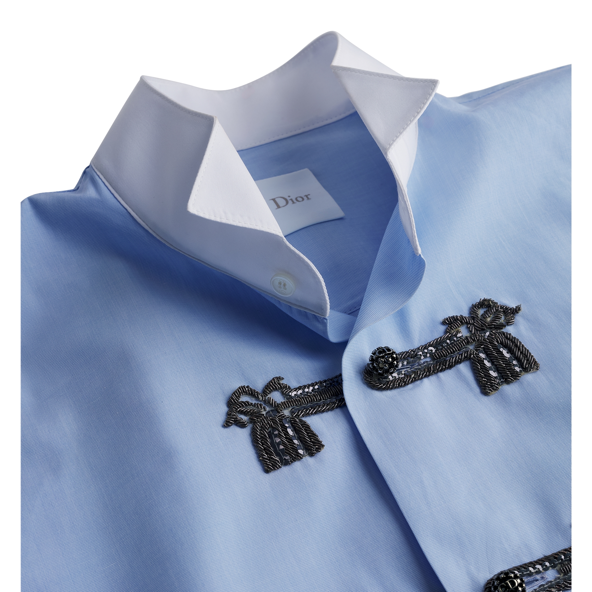 Embroidered Blouse with Brandenburg Closure Blue and White Cotton Poplin E09