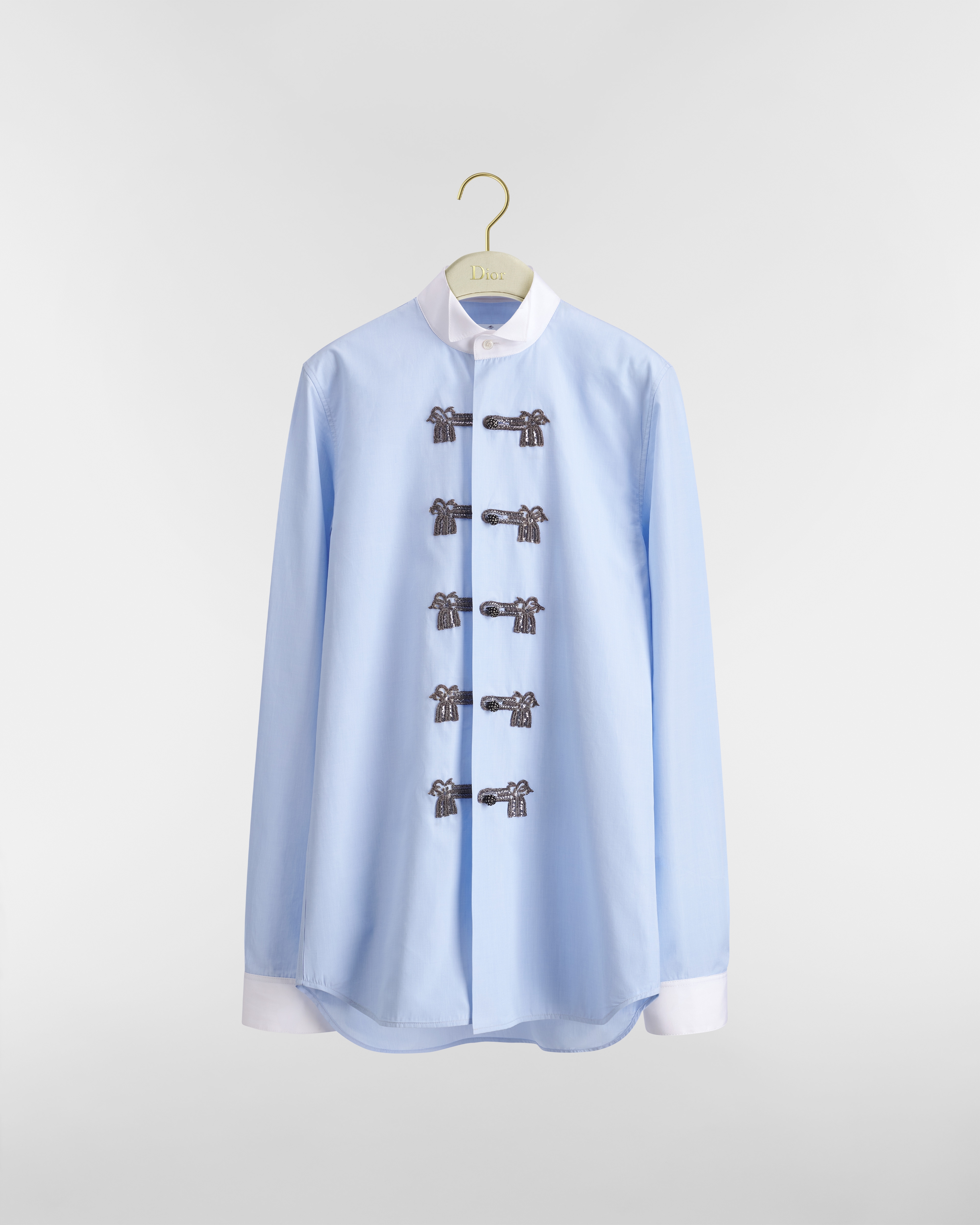 Embroidered Blouse with Brandenburg Closure Blue and White Cotton Poplin E01