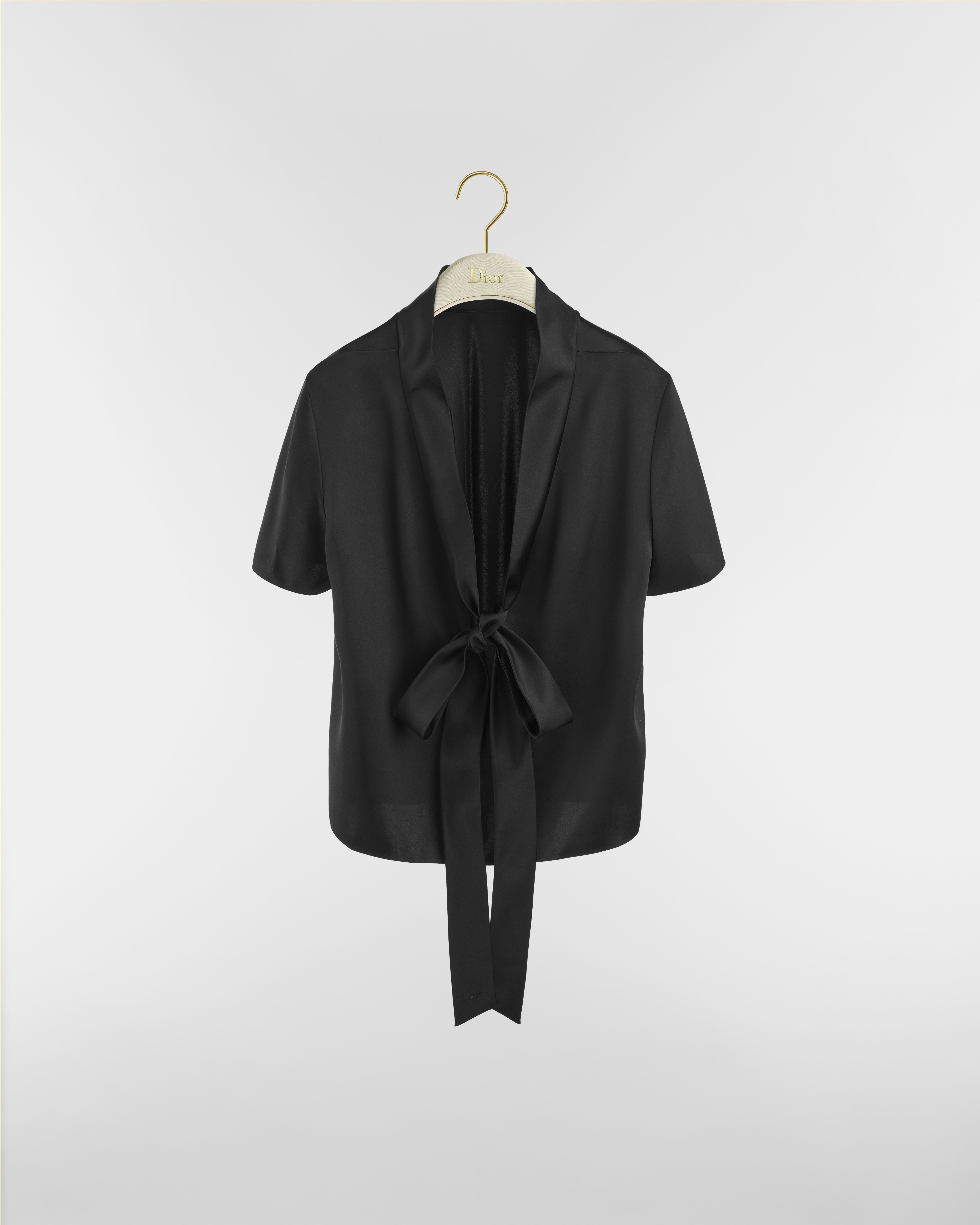 Blouse with Rear Tie Black Silk Twill E01
