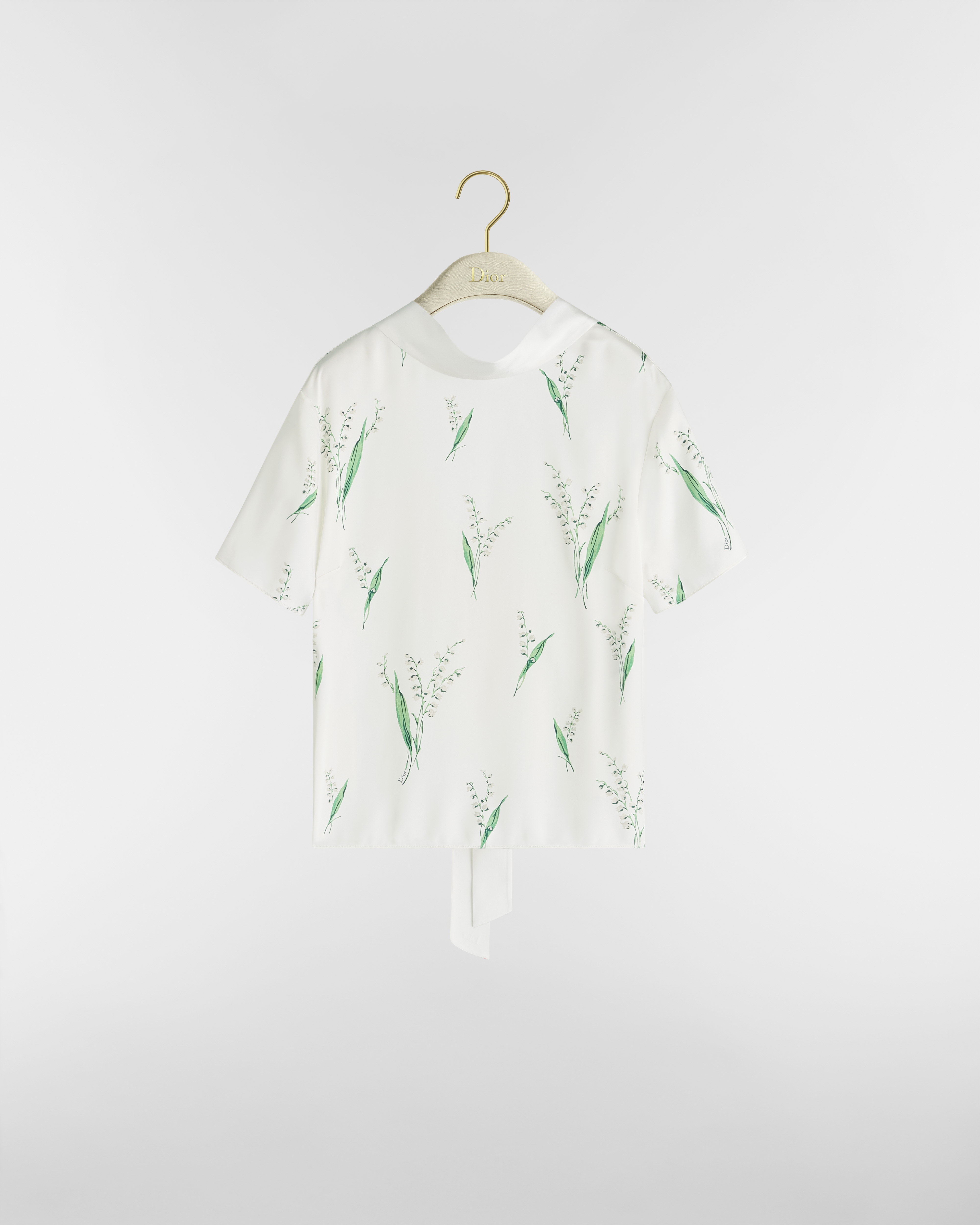 Bluse mit gebundenem Kragen Seidencrêpe in Weiß mit Lily of the Valley Motiv in mehreren Farben E01