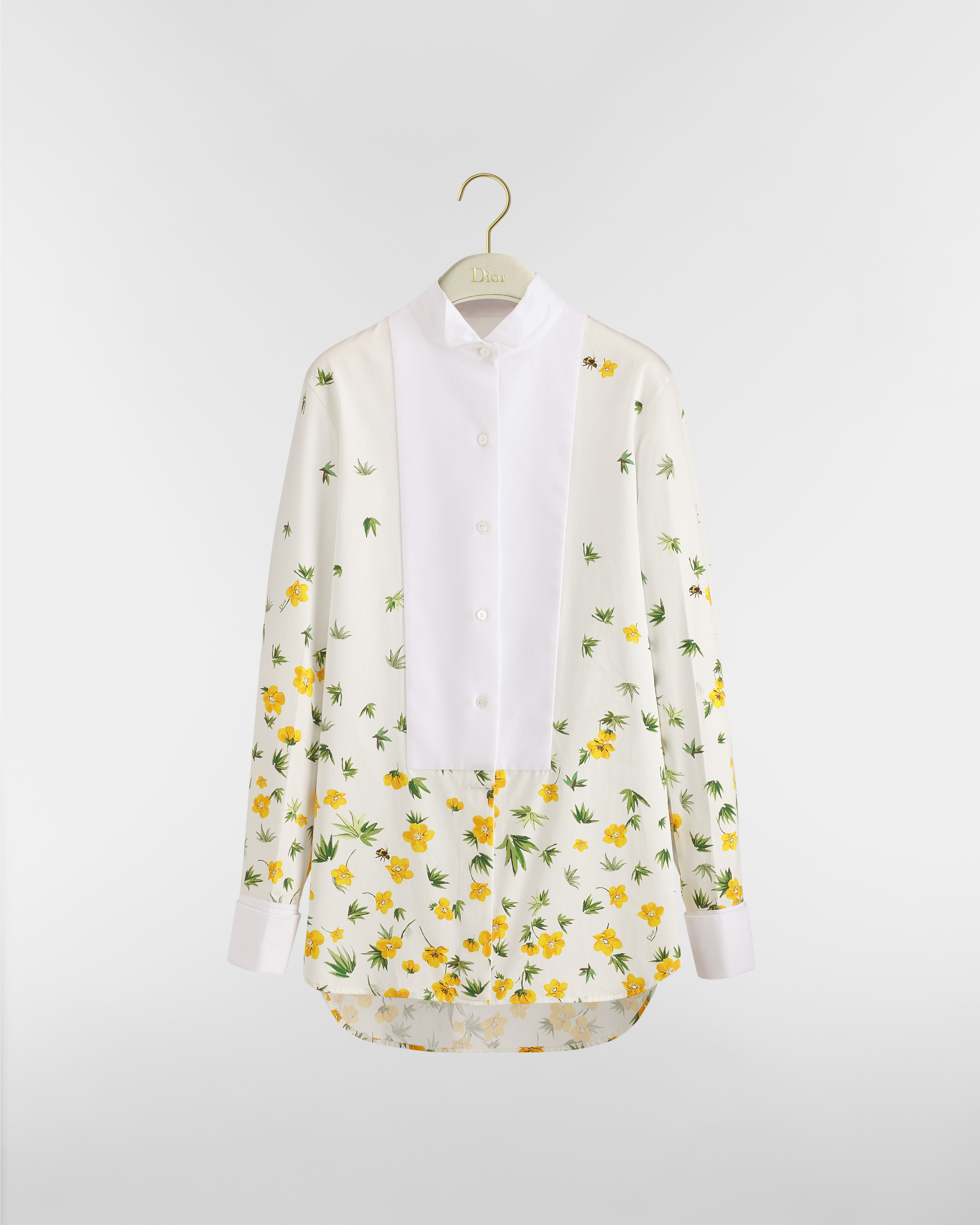 Blouse with Plastron White Cotton Poplin with Yellow and Green Dior Buttercup Motif E01