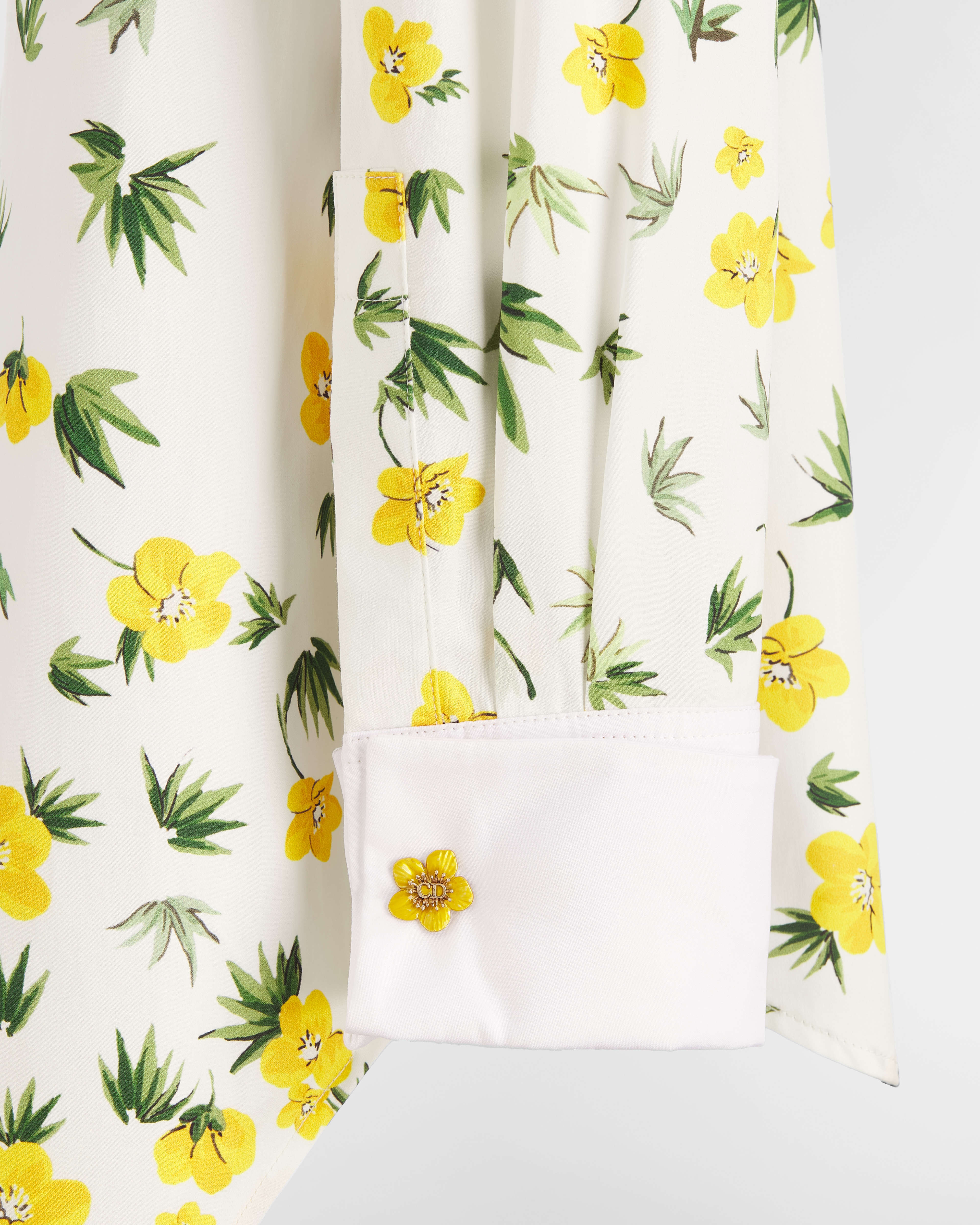 Blouse à plastron Popeline de coton blanc à motif Dior Buttercup jaune et vert E09