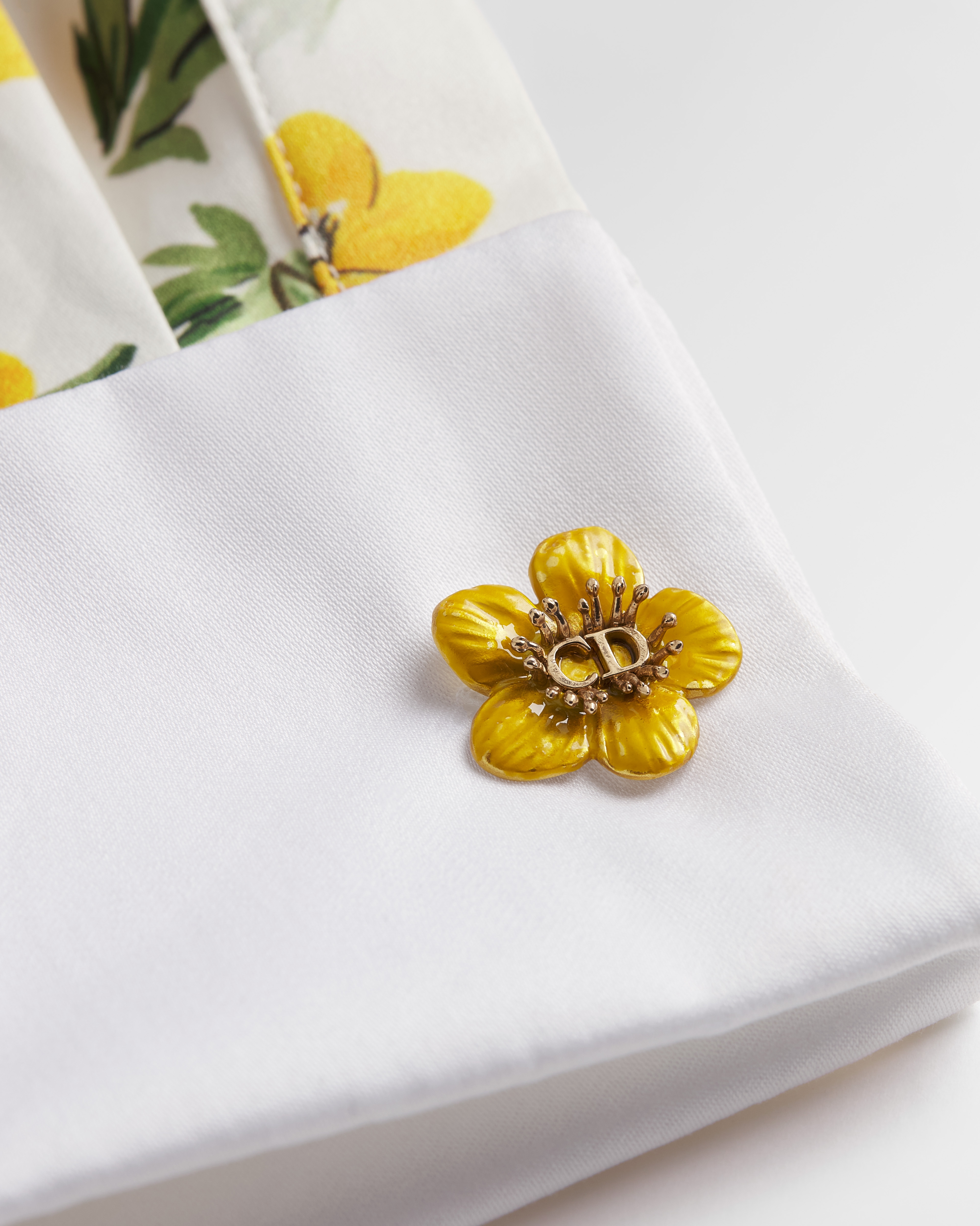 Blouse à plastron Popeline de coton blanc à motif Dior Buttercup jaune et vert E12