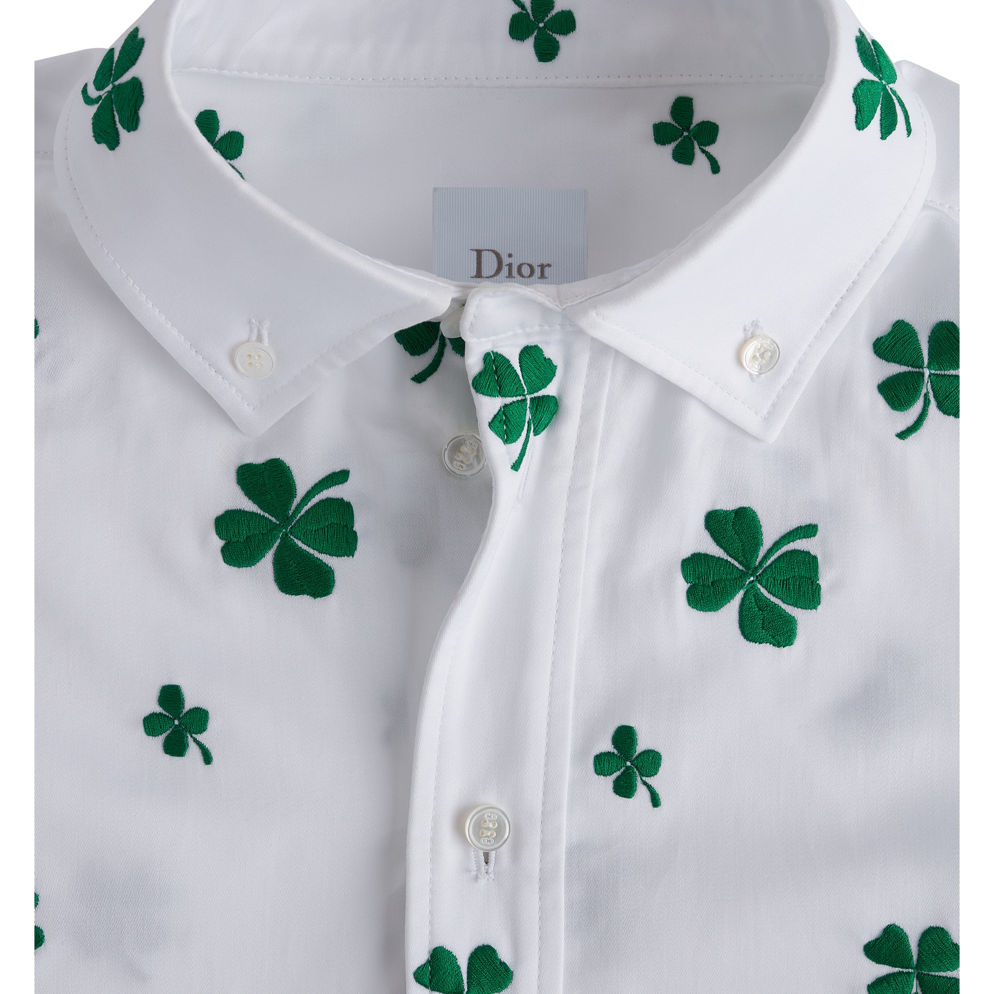Embroidered Blouse White Cotton-Blend Poplin with Green Dior Clover Motif E09