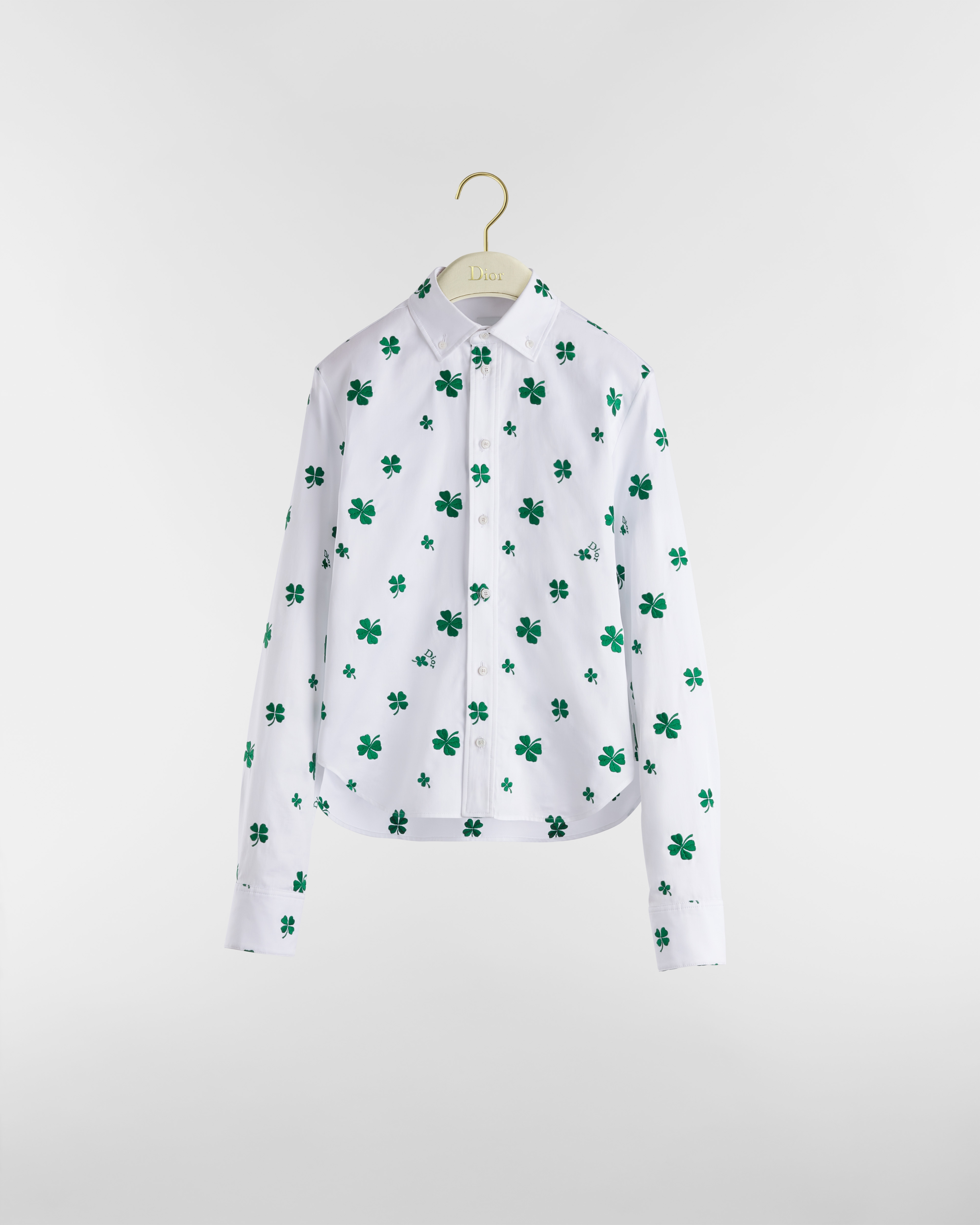 Embroidered Blouse White Cotton-Blend Poplin with Green Dior Clover Motif E01