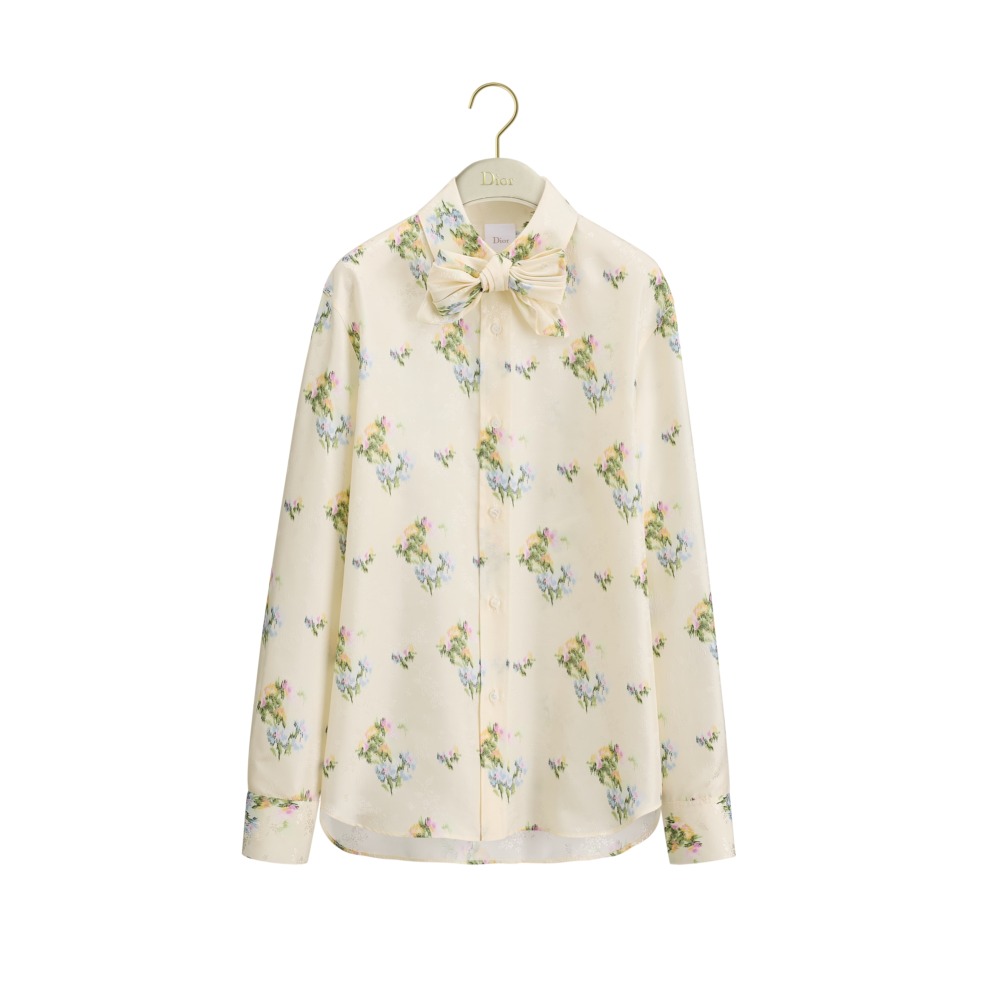 美品 クリスチャンディオール ピンタック　総柄 シルク 長袖 ブラウス М DIOR | リボンタイ付き ブラウス Dior Secret Garden シルクツイル