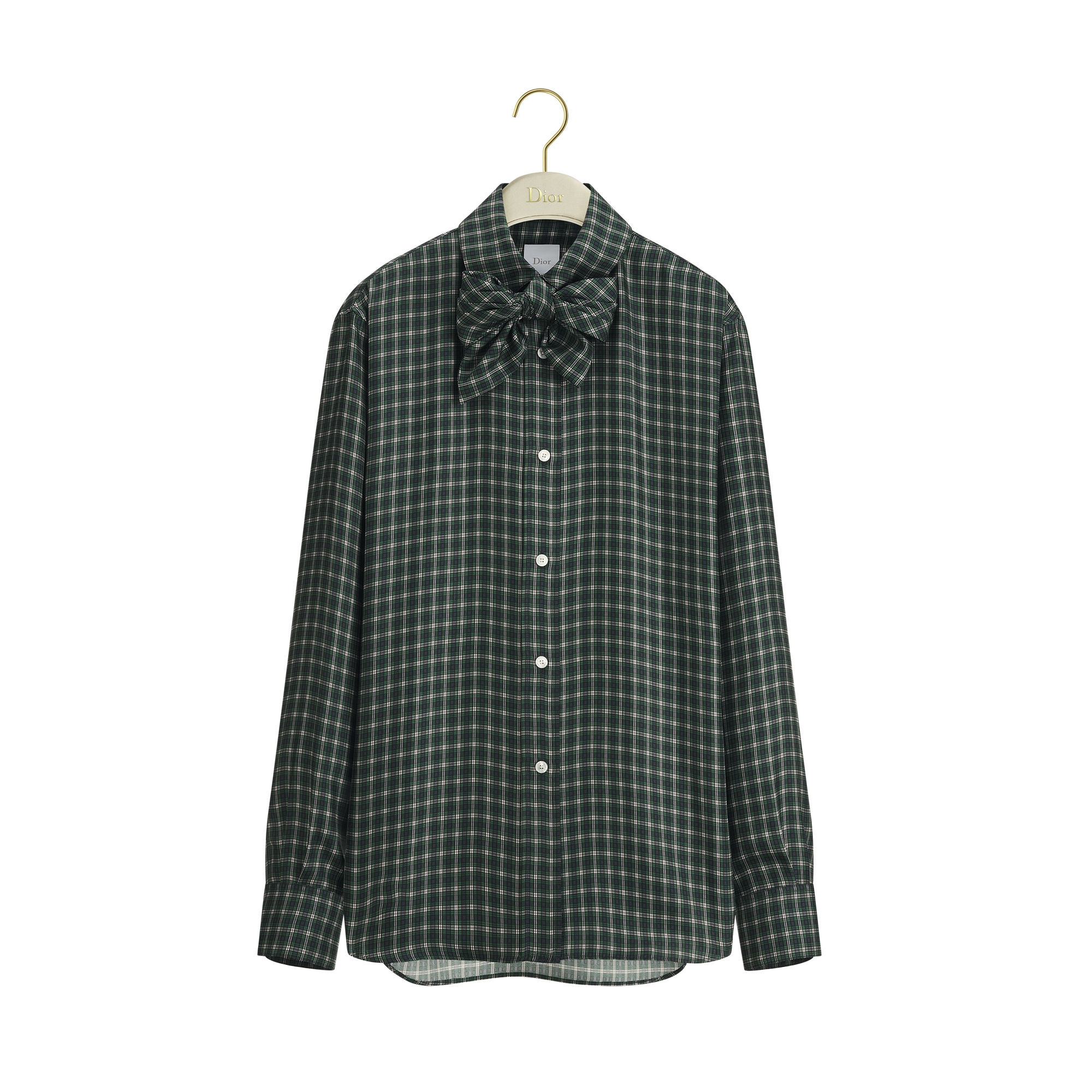 Blouse with Removable Bow Tie Green Multicolor Check'n'Dior Silk Twill E01