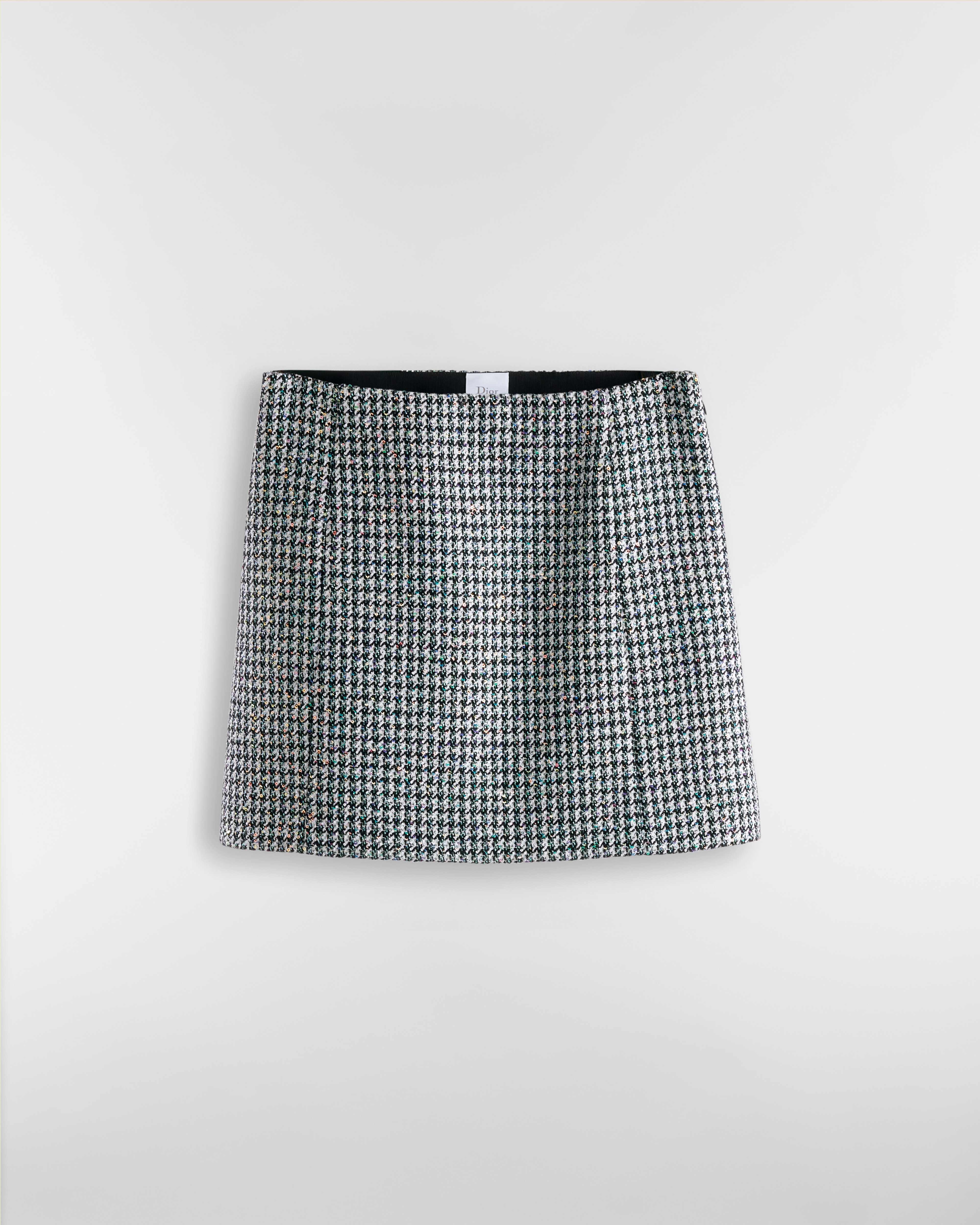 Flared Miniskirt Black and White Houndstooth Virgin Wool Blend with Multicolor Sequins E01