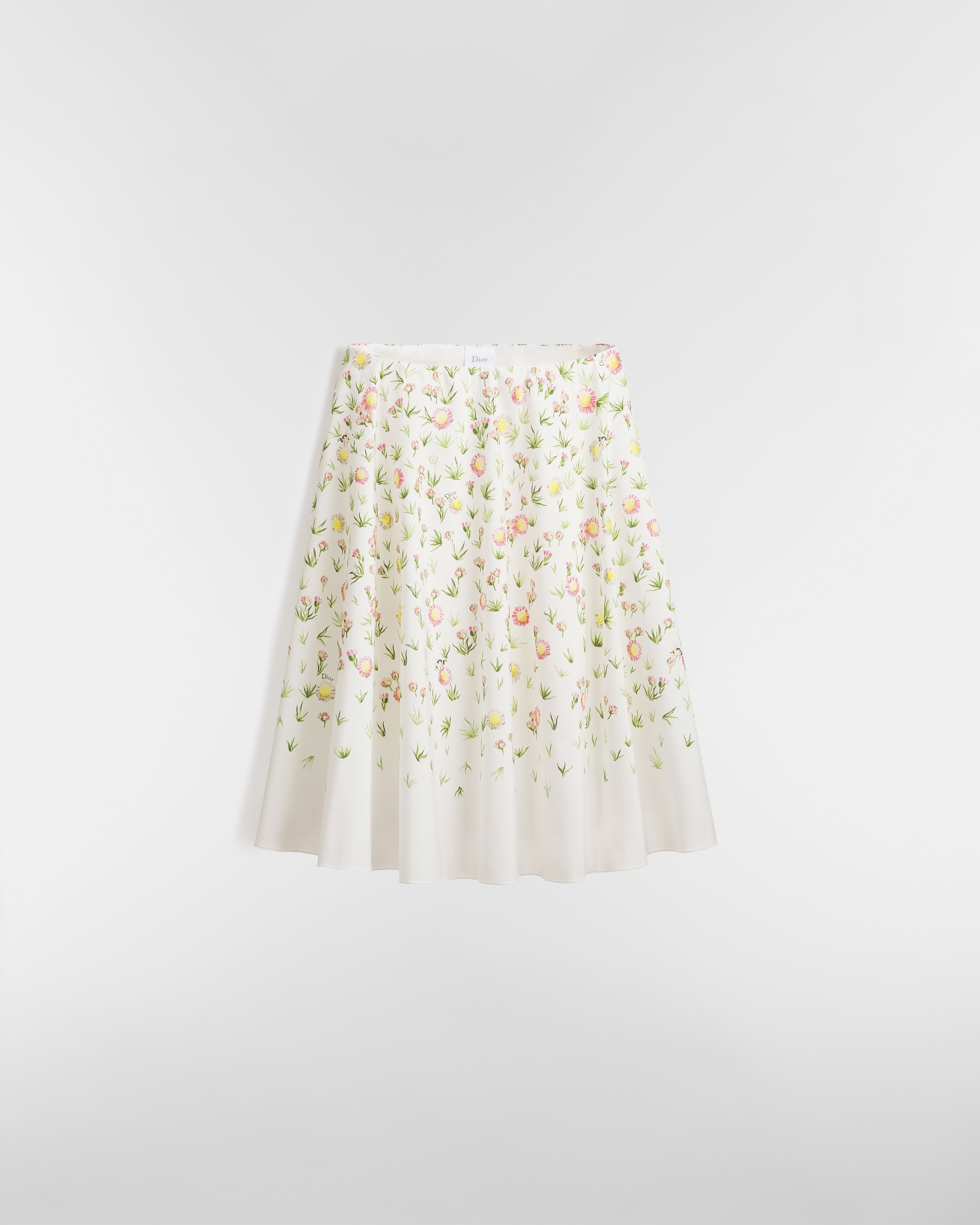 Uitlopende rok Wit katoenpoplin met het veelkleurige Daisy Garden-motief E01