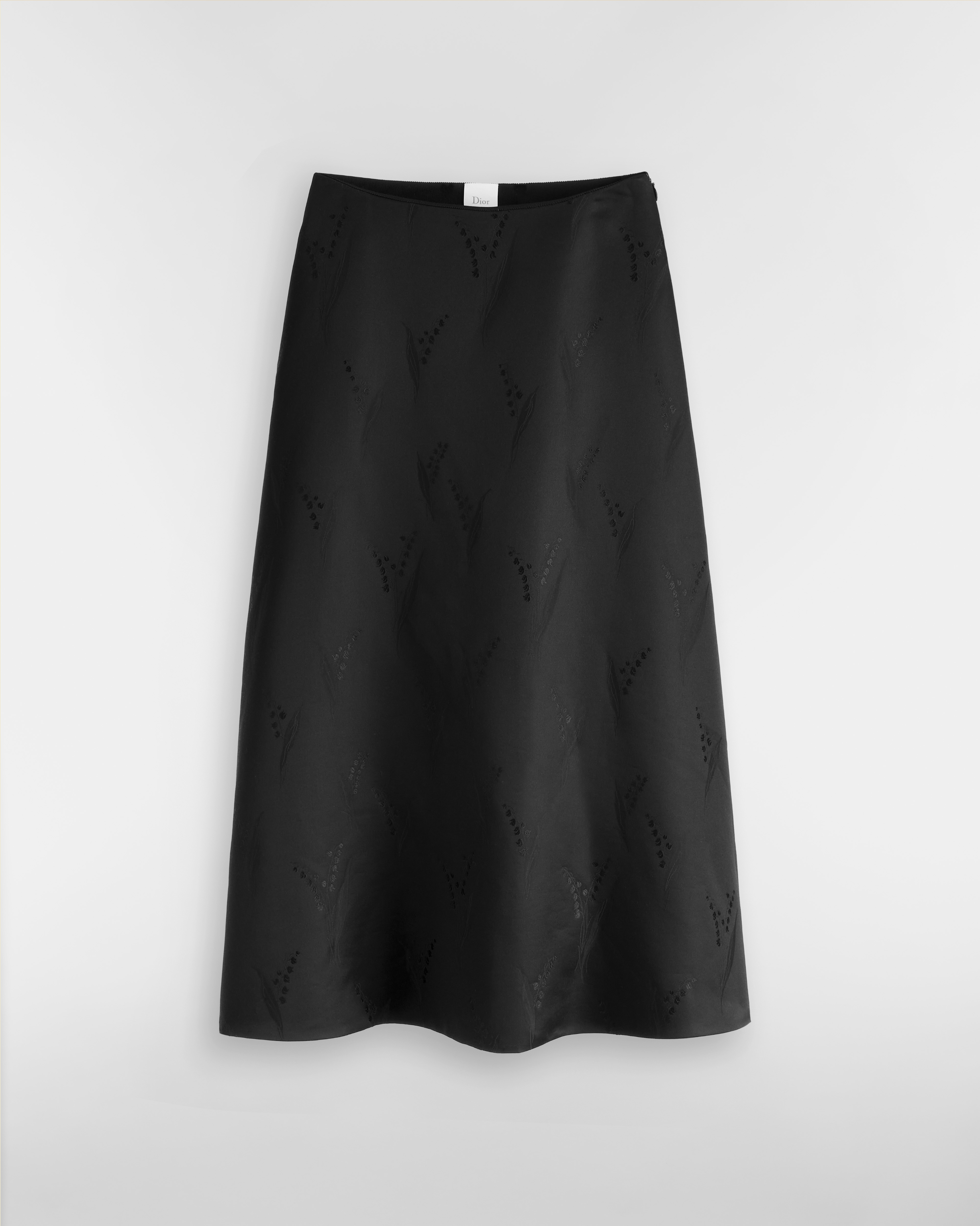 Mid-Length Flared Skirt Black Lily of the Valley Silk and Wool E01
