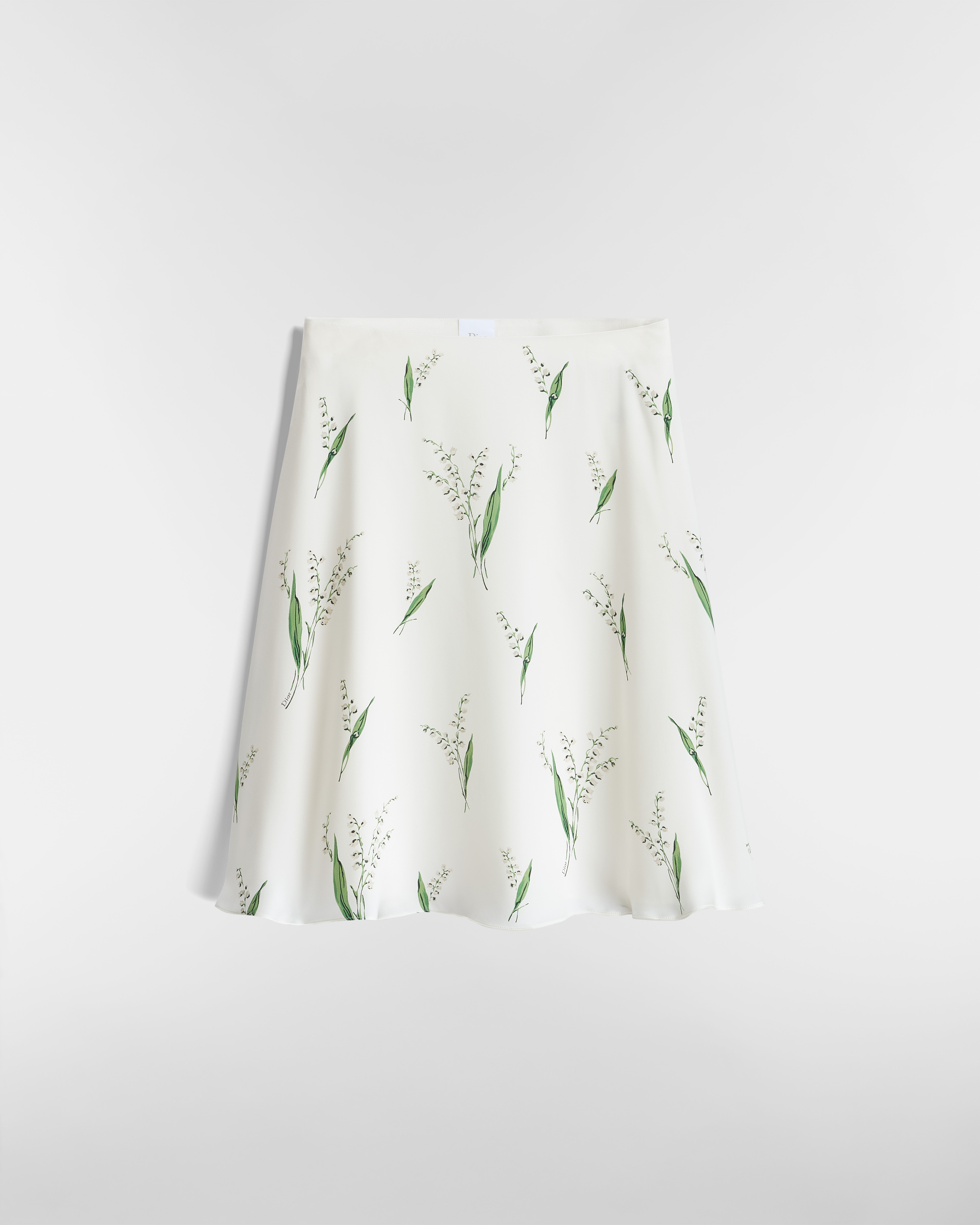Saia evasê mídi Crepe de seda branco com motivo Lily of the Valley verde E01