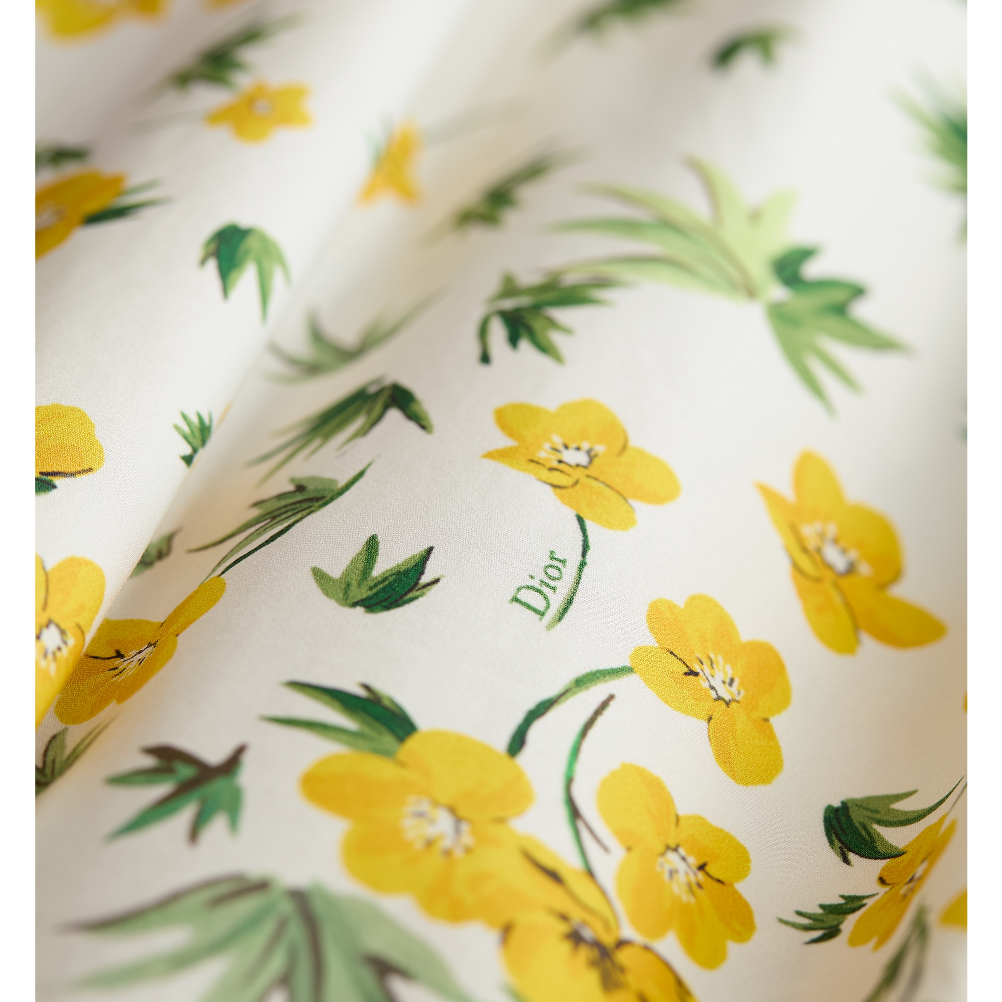 Mid-Length Flared Skirt White Cotton Poplin with Yellow and Green Dior Buttercup Motif E09
