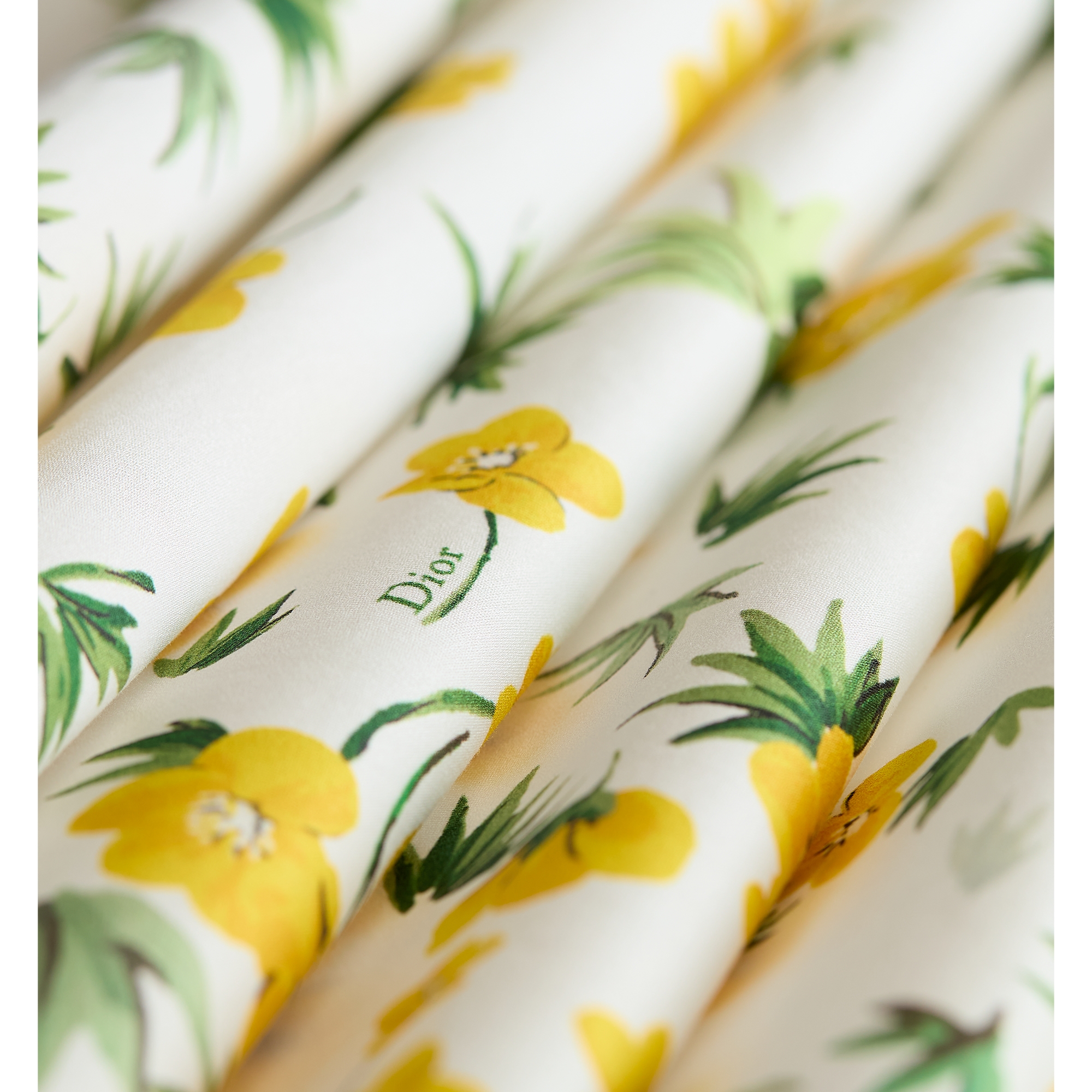 Mid-Length Flared Skirt White Cotton Poplin with Yellow and Green Dior Buttercup Motif E11