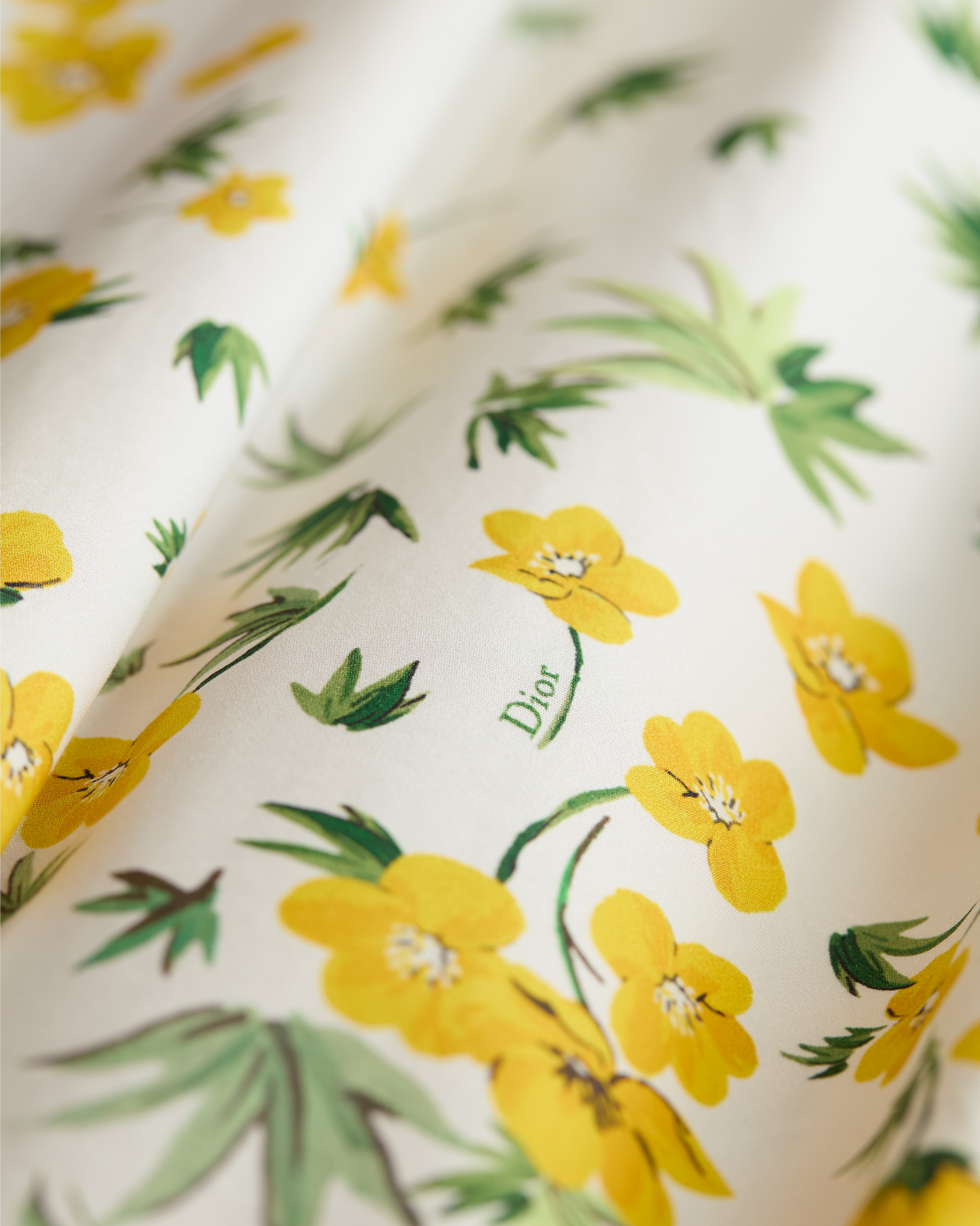 กระโปรงทรงบานความยาวปานกลาง ผ้าฝ้ายป๊อปลินสีขาวประดับลาย Dior Buttercup สีเหลืองและสีเขียว E09