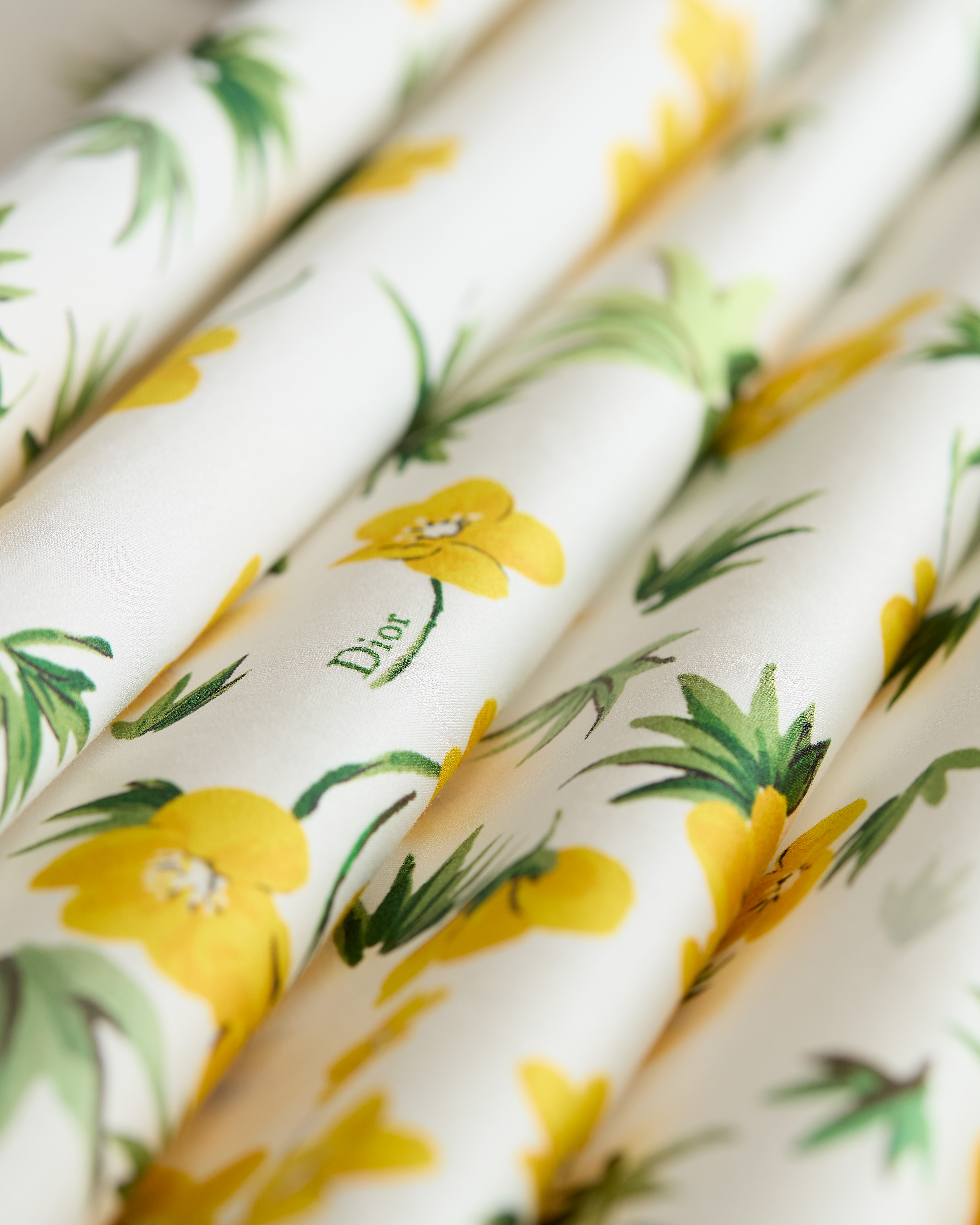 กระโปรงทรงบานความยาวปานกลาง ผ้าฝ้ายป๊อปลินสีขาวประดับลาย Dior Buttercup สีเหลืองและสีเขียว E11