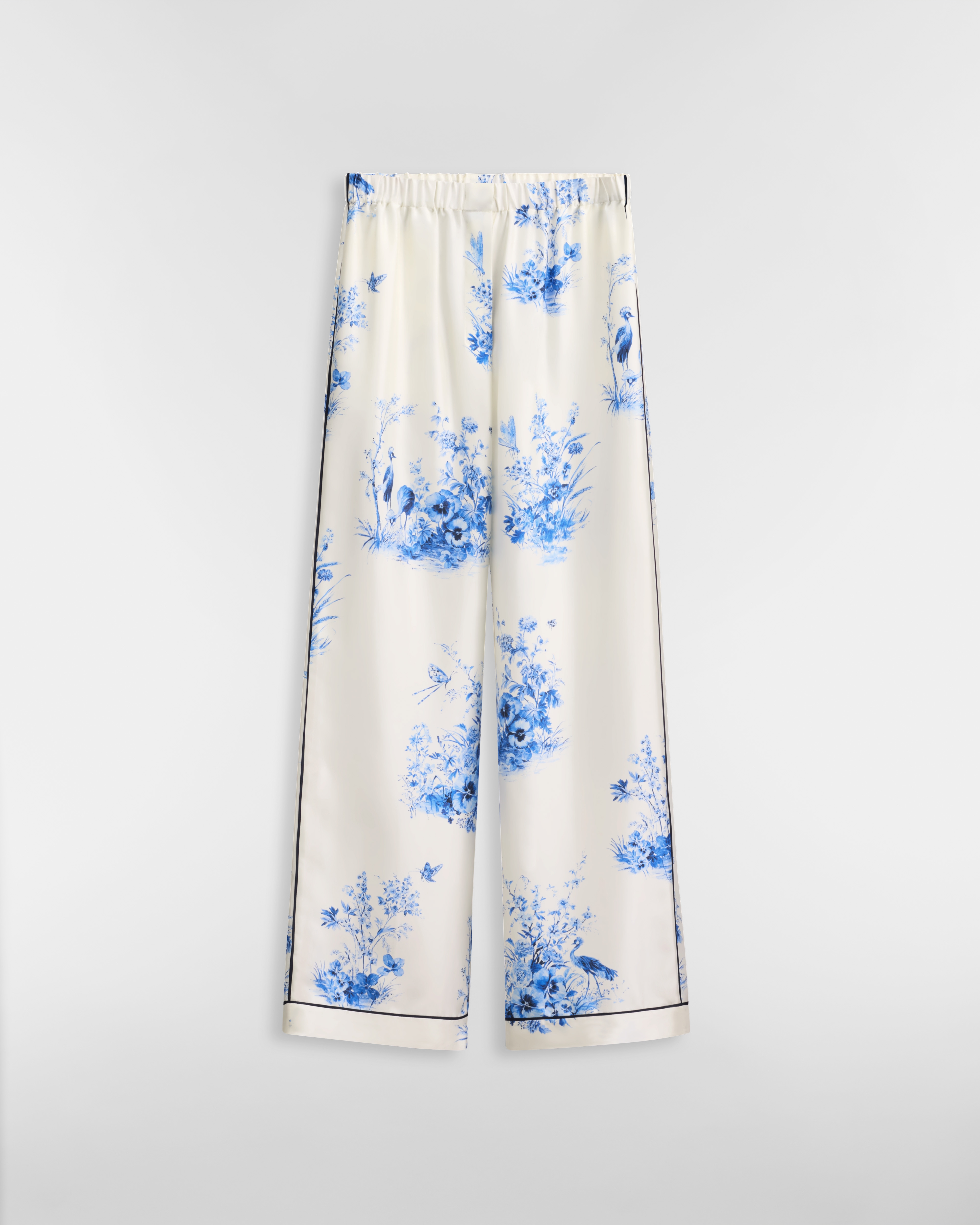 Dioriviera Hose Seidentwill in Weiß mit Toile de Jouy Floral Garden Motiv in Marineblau E01