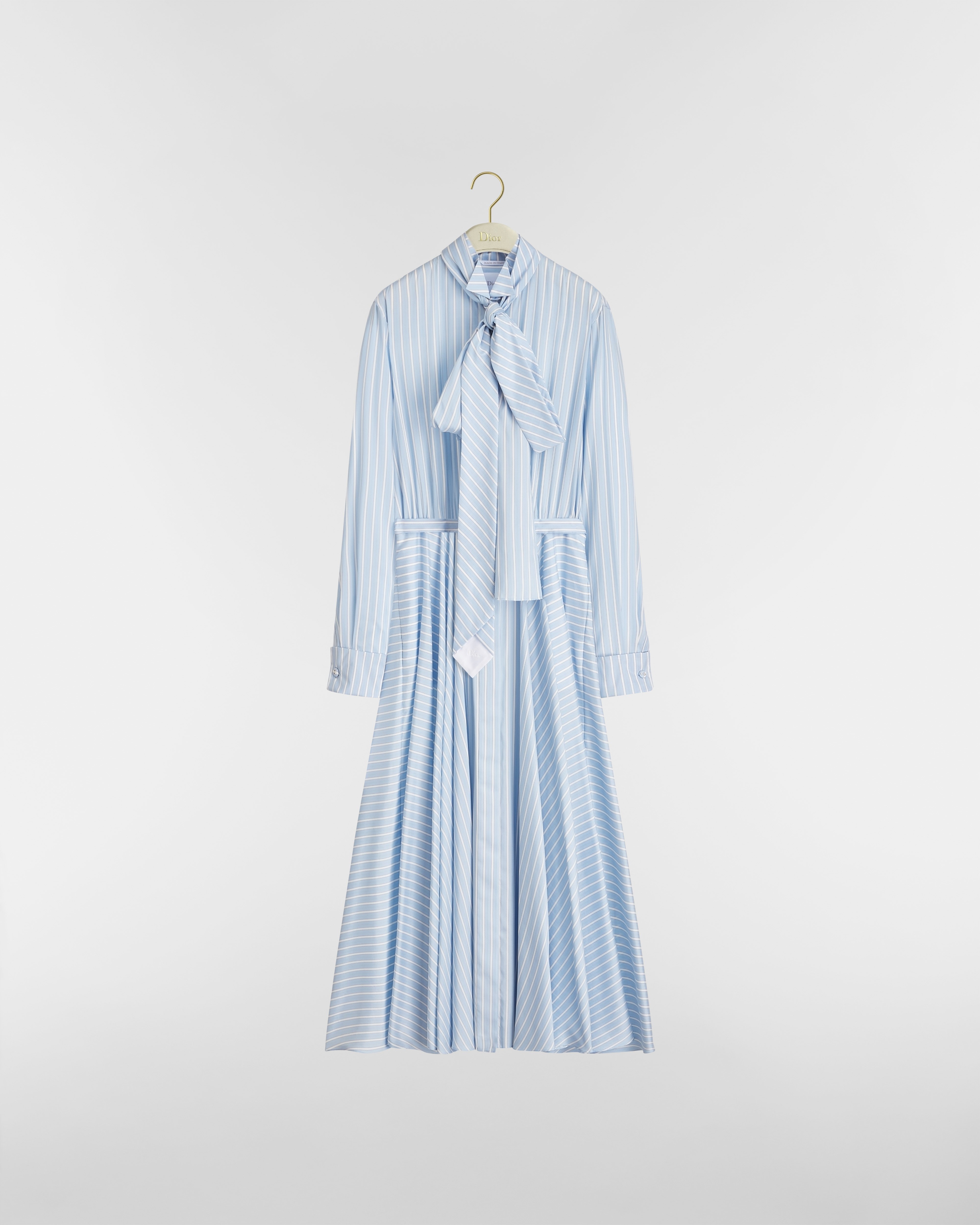 Robe-chemise mi-longue ceinturée Soie à motif D-Stripes bleu et blanc