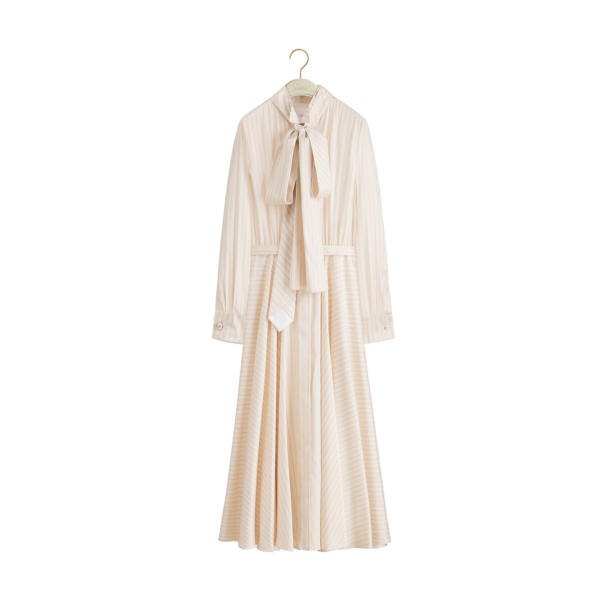 Mid-Length Shirtdress with Tie-Effect Neckline Pink, White and Beige D-Stripes Silk E01