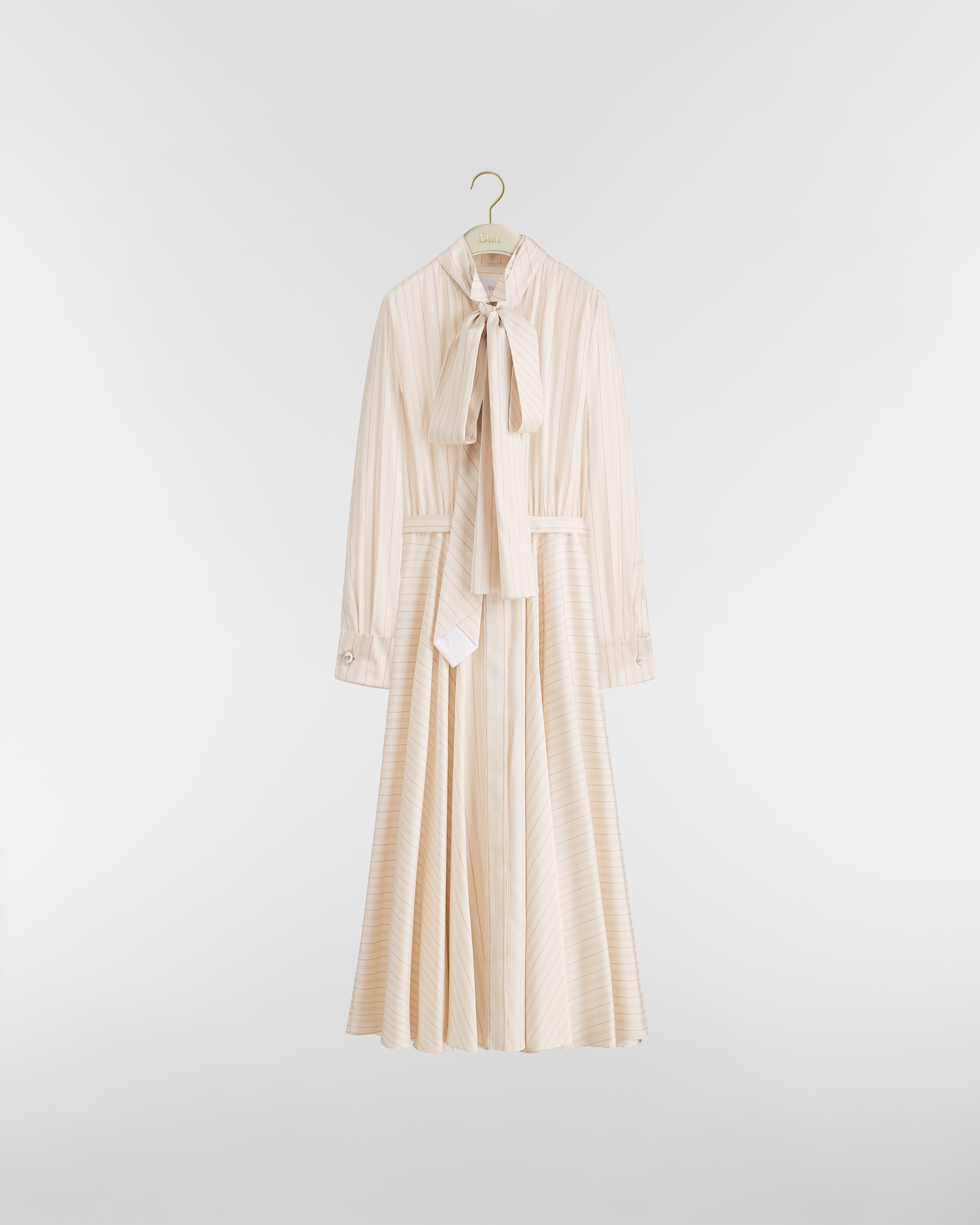 Mid-Length Shirtdress with Tie-Effect Neckline Pink, White and Beige D-Stripes Silk E01