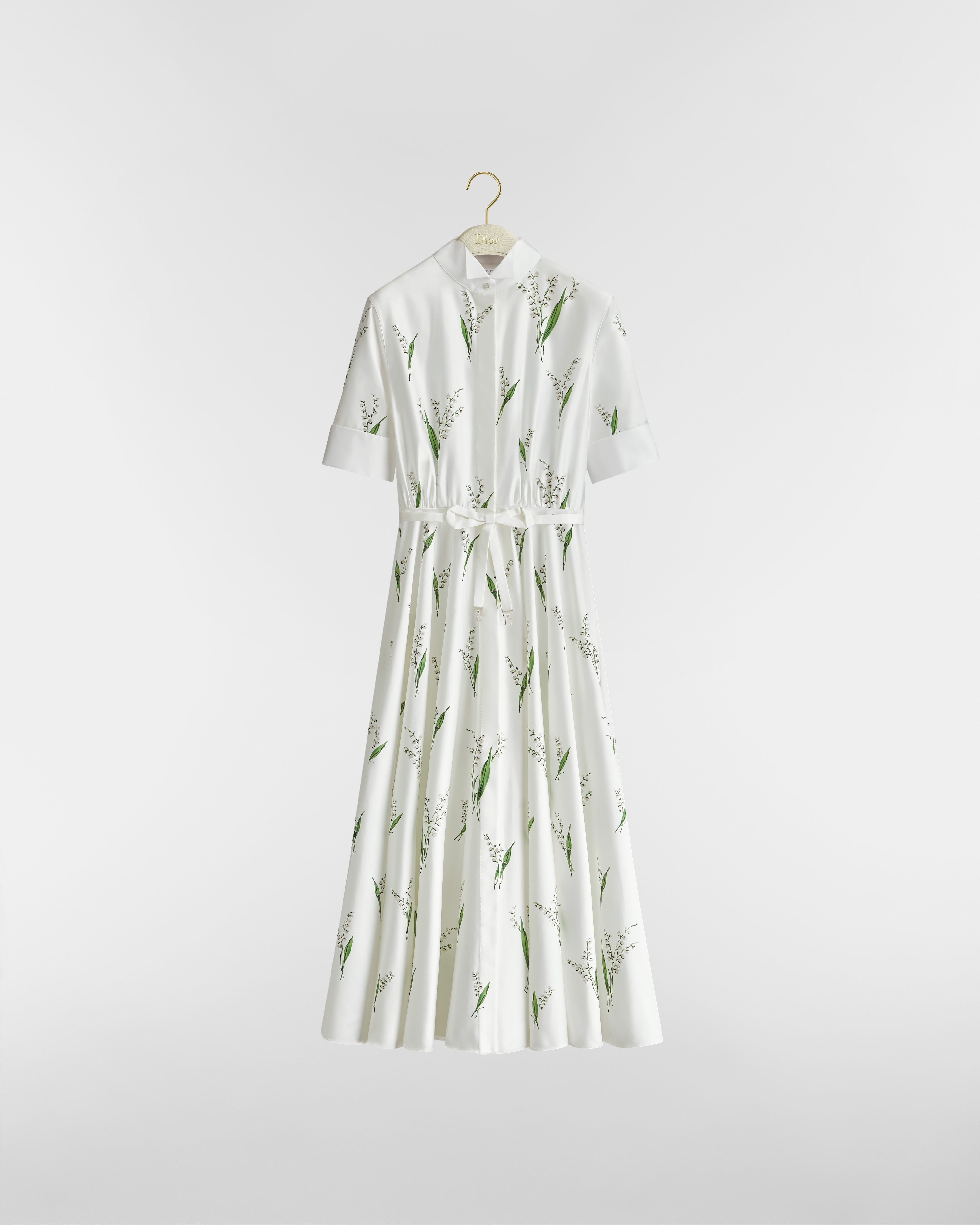 Robe-chemise mi-longue évasée Popeline de coton blanc à motif Lily Of The Valley multicolore