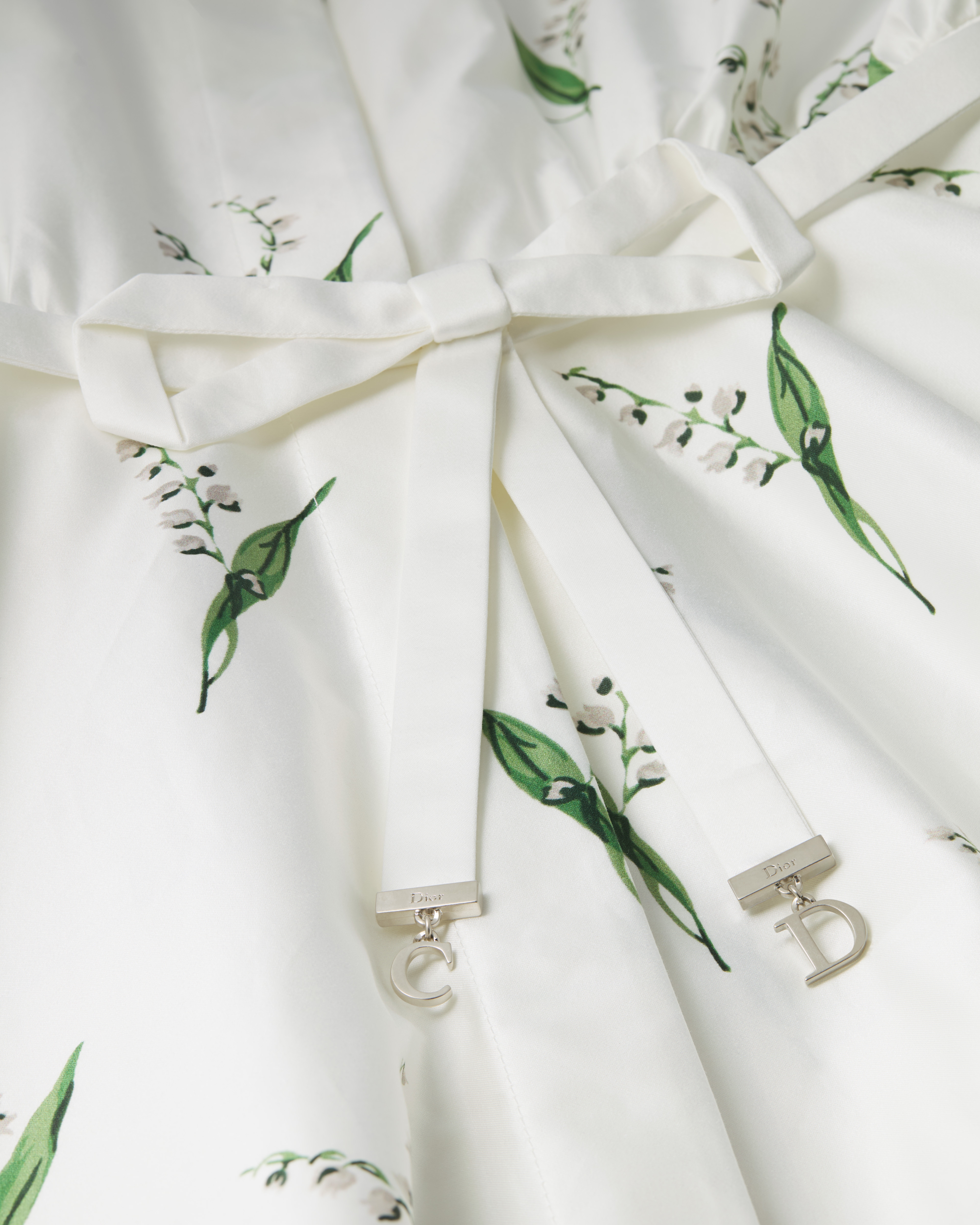 Chemisier midi svasato Popeline di cotone bianco con motivo Lily of the Valley multicolore E09