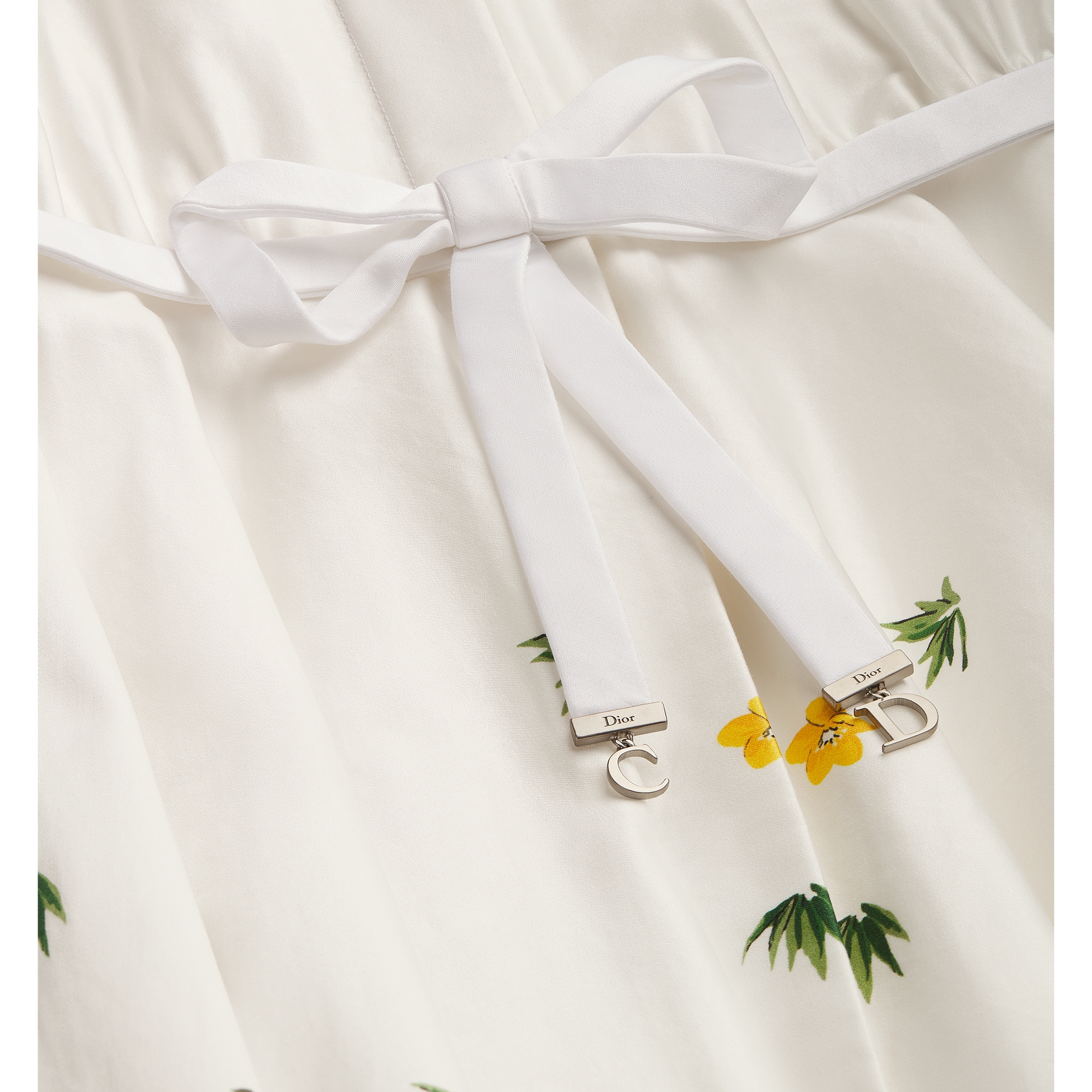 Mid-Length Flared Shirtdress White Cotton Poplin with Yellow and Green Dior Buttercup Motif E09