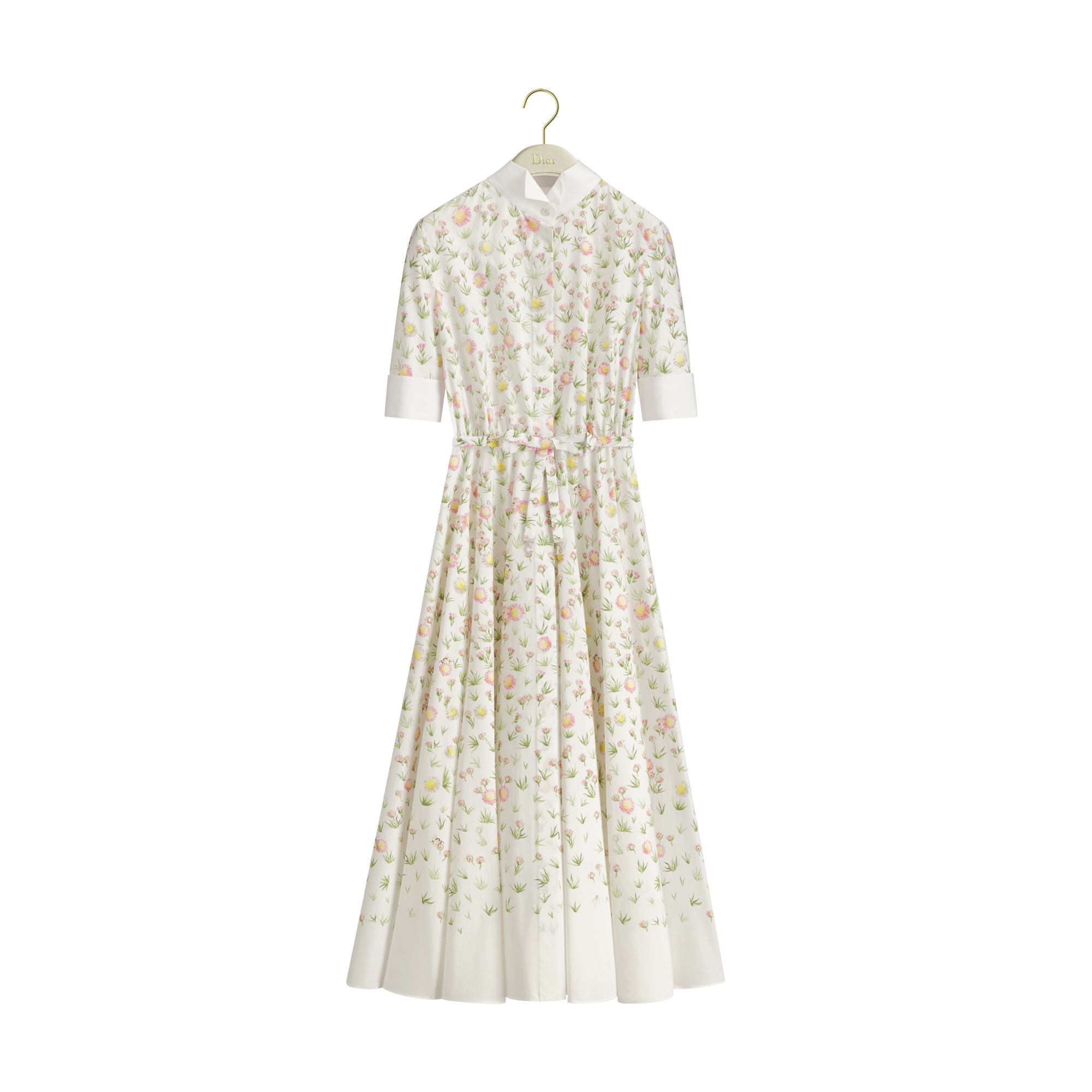 Mid-Length Belted Shirtdress Multicolor Daisy Garden Cotton Poplin E01
