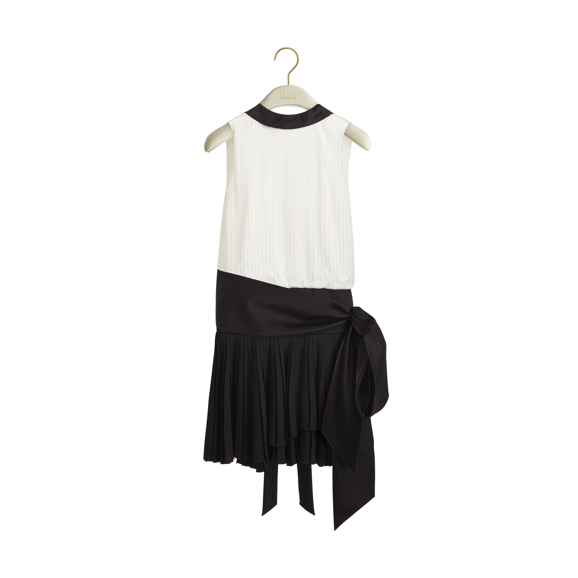 Belted Pleated Dress Black and White Silk Twill E01