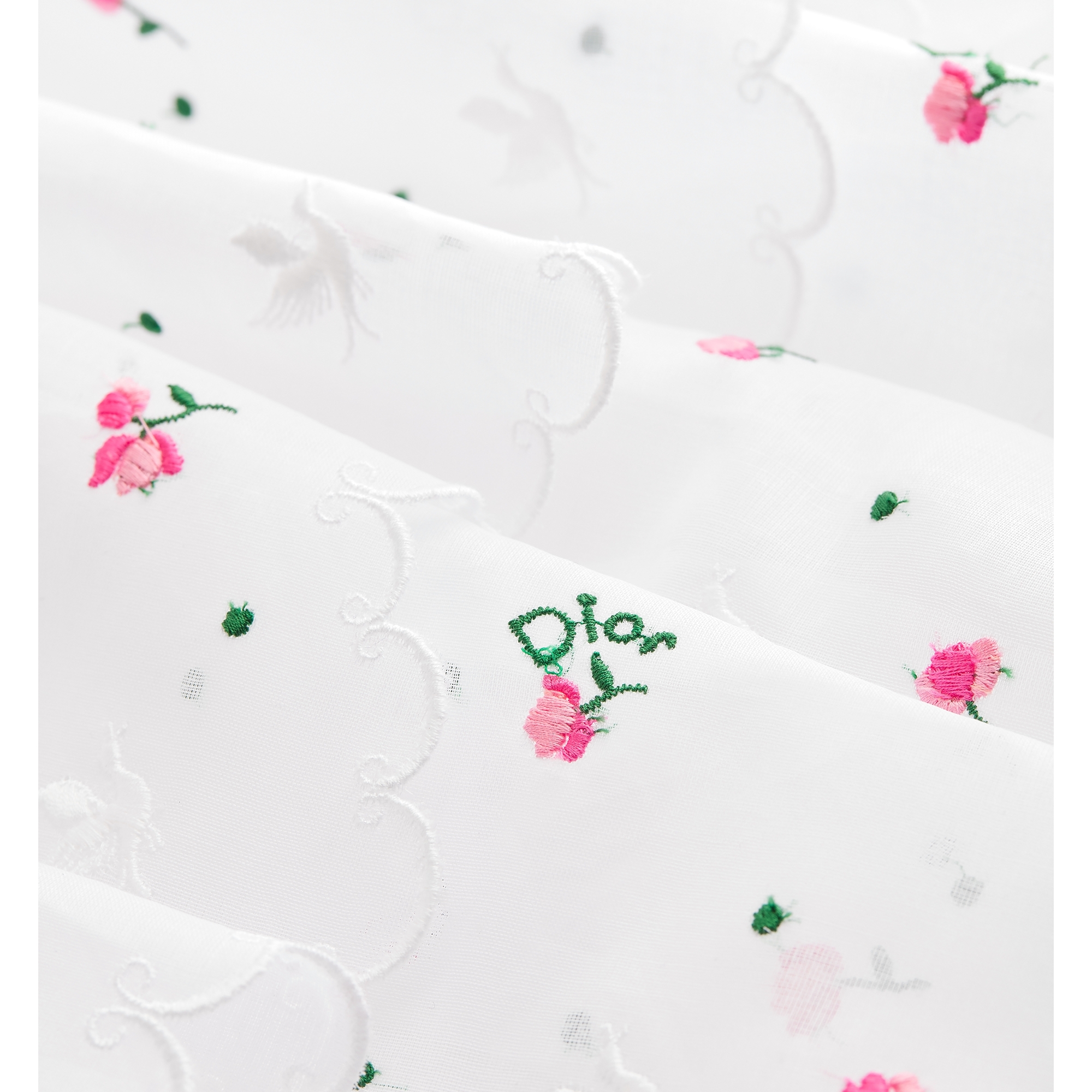 Dioramour Embroidered Flared Dress White Cotton Muslin with Multicolor Doves & Roses Motif E09