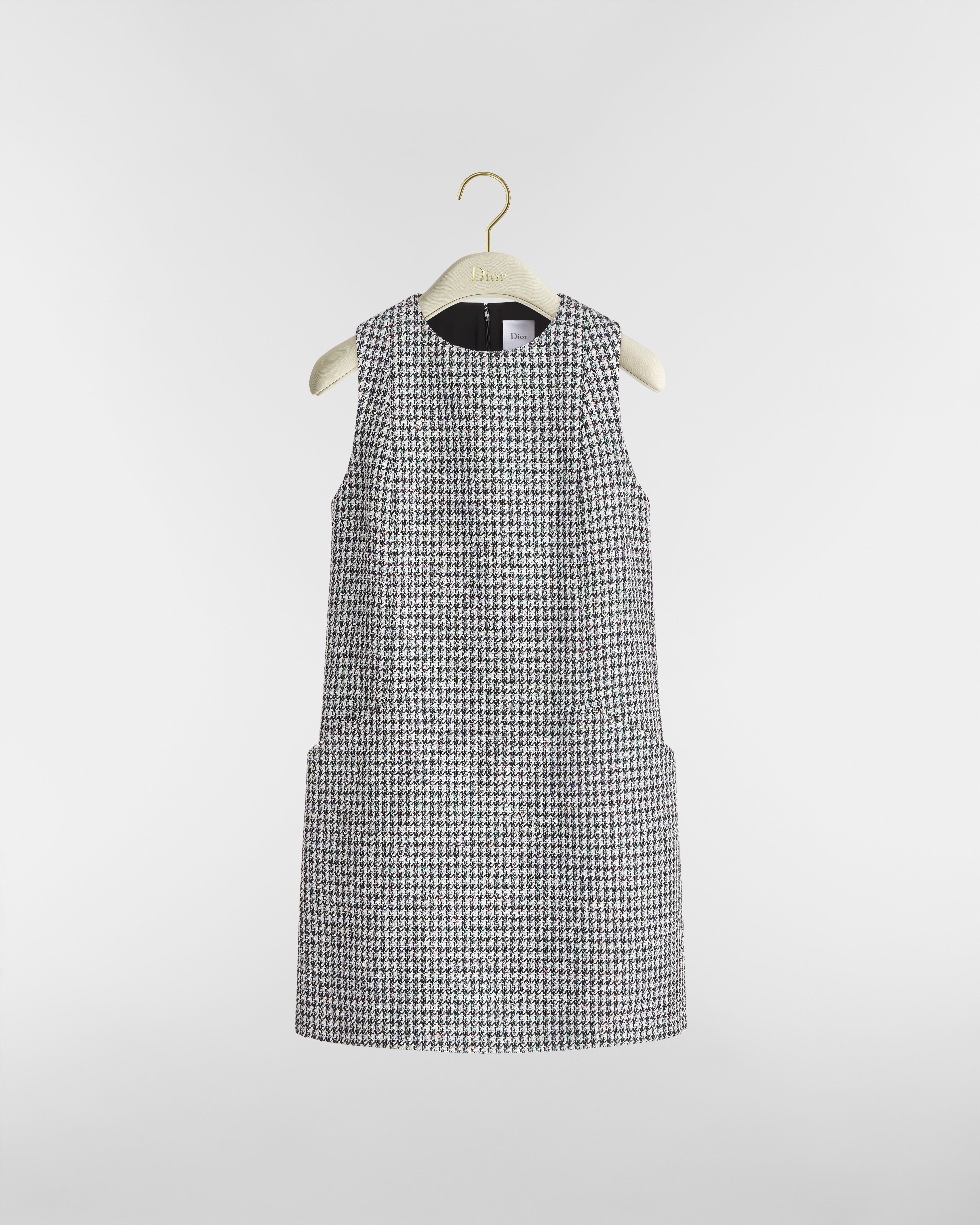 Abito dritto Misto lana vergine pied-de-poule nero e bianco con paillettes multicolori E01