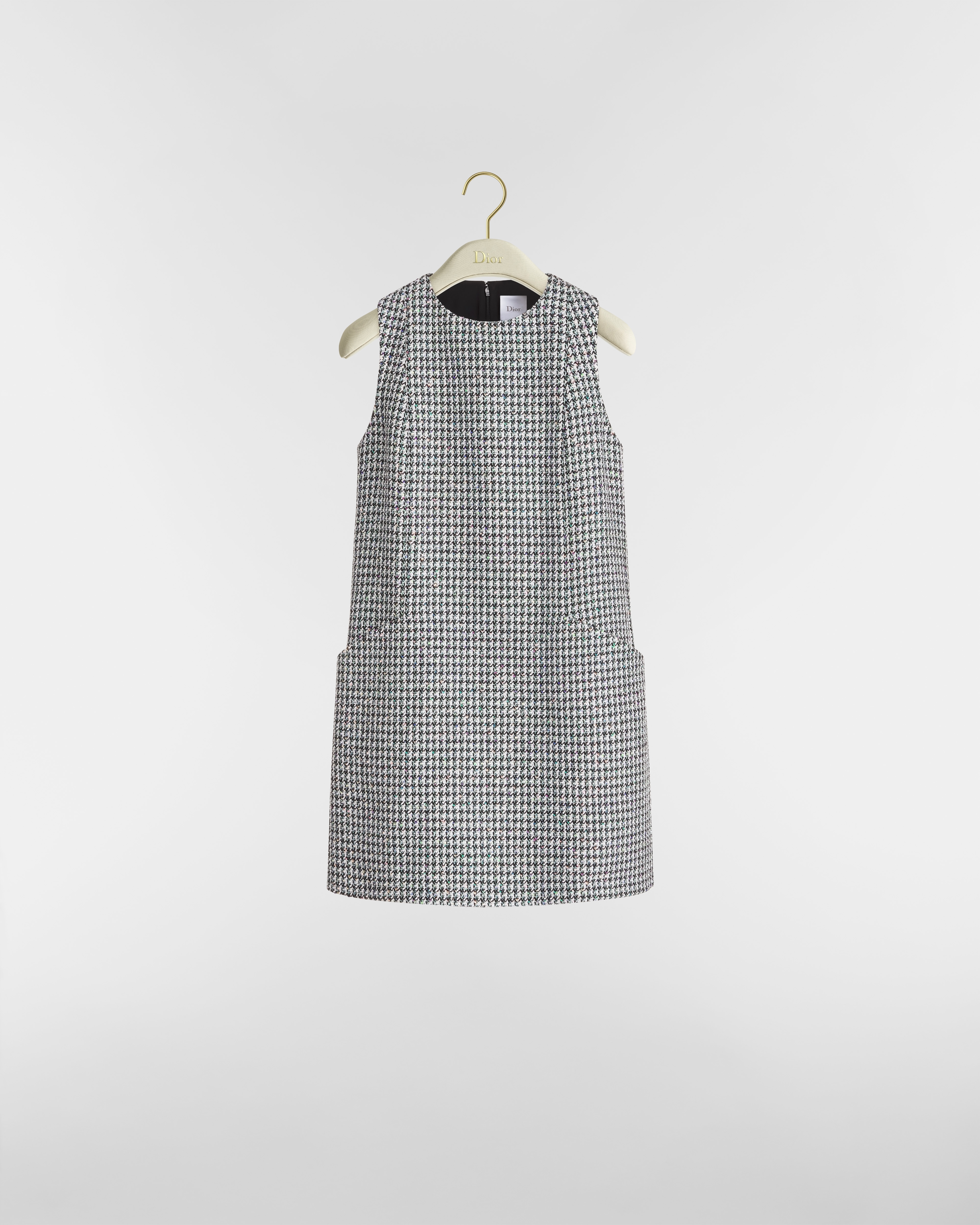 Kleid mit geradem Schnitt Schurwollmischung in Schwarz und Weiß mit Hahnentrittmuster und Pailletten in mehreren Farben E01