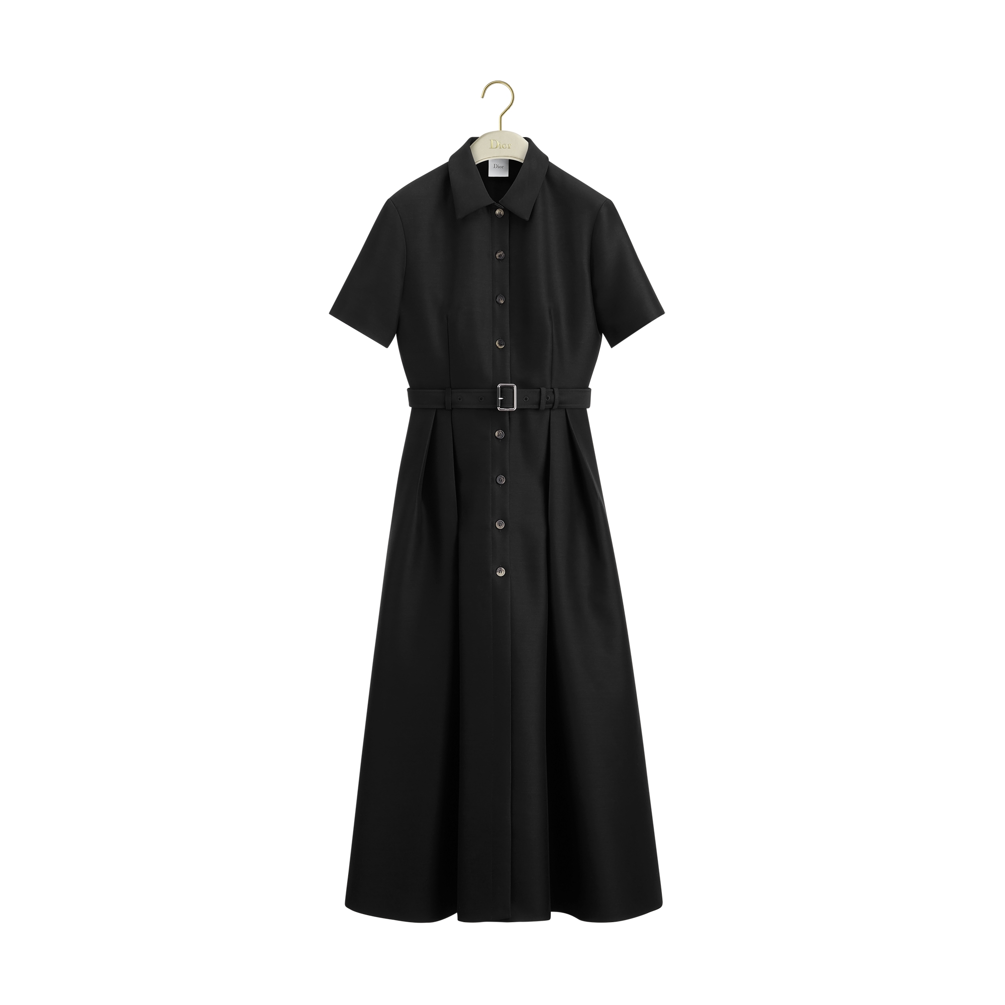Mid-Length Belted Shirtdress Black Wool and Silk | DIOR