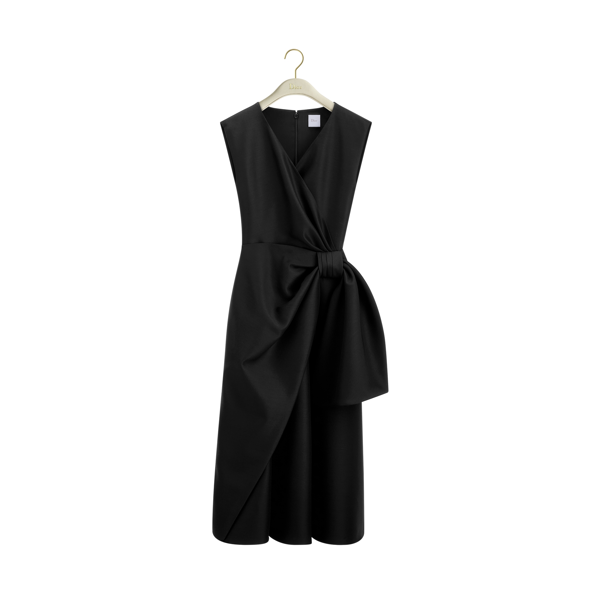 Mid-Length Draped Dress Black Wool and Silk E01