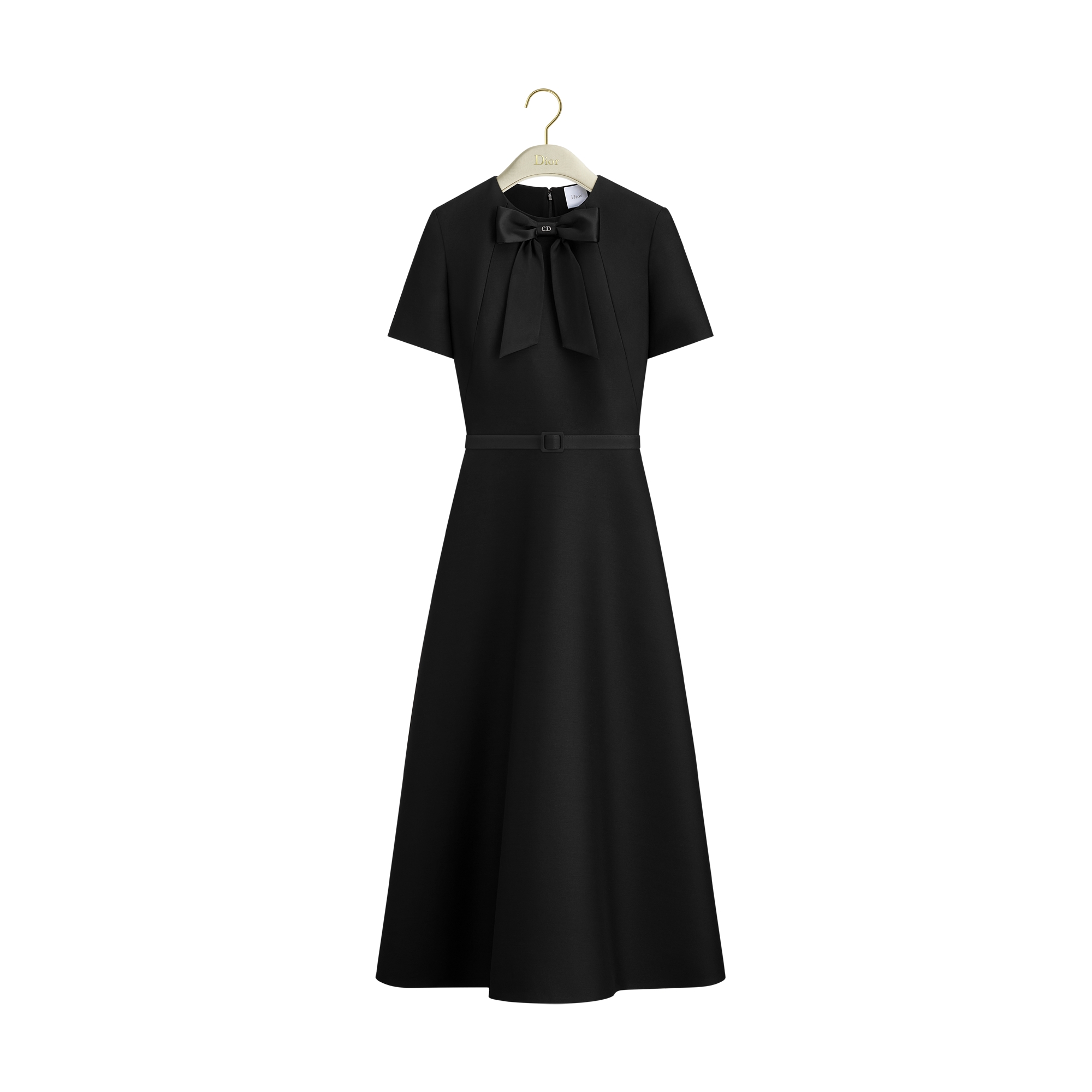 Mid-Length Belted Dress Black Wool and Silk E01