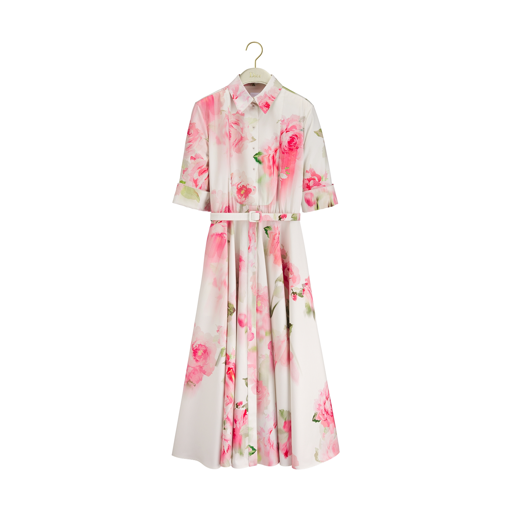 Mid-Length Belted Shirtdress Multicolor Dior Painted Roses Cotton Poplin |  DIOR