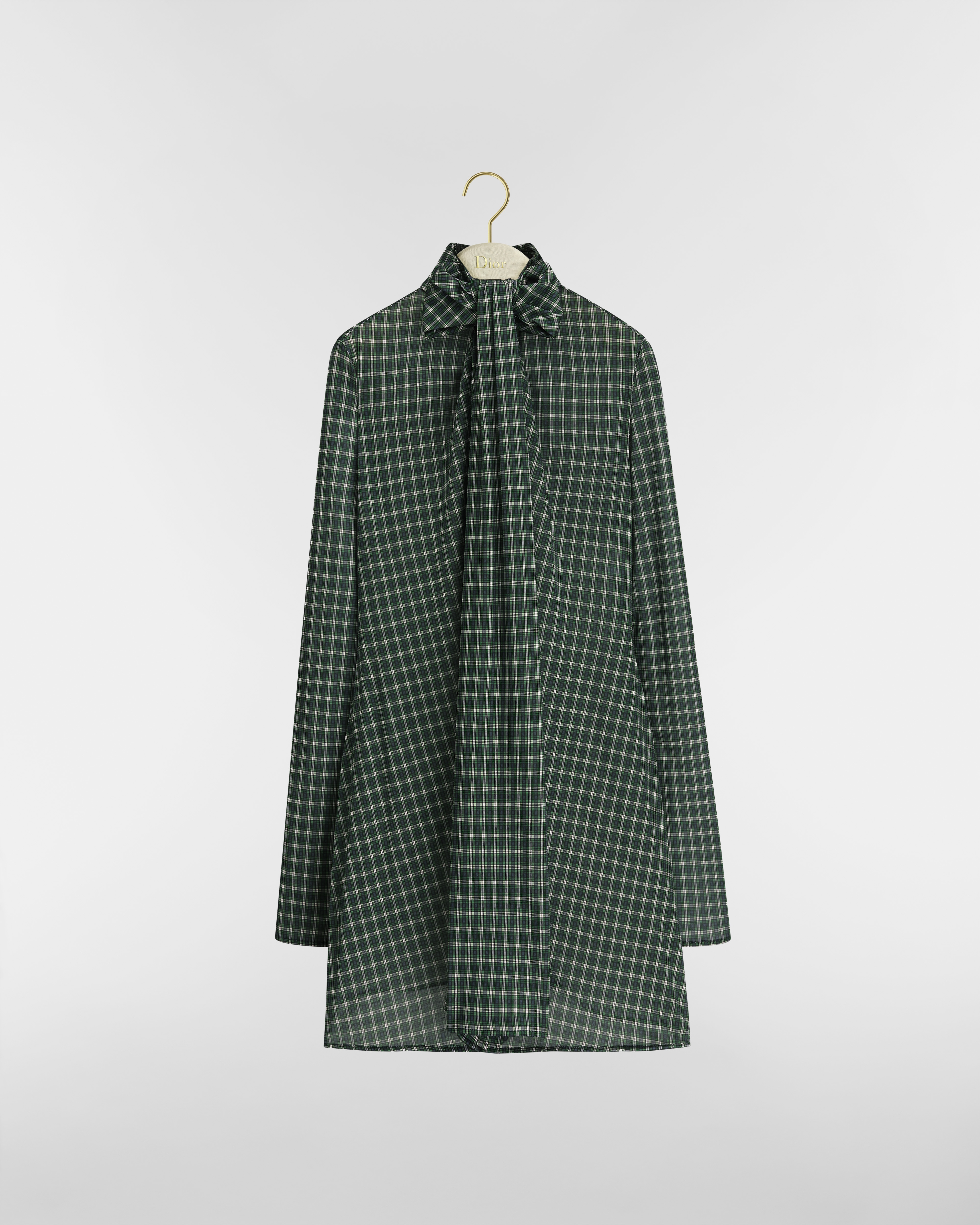 Korte jurk met strikkraag Groene, veelkleurige zijden jersey met Check'n'Dior-motief E01