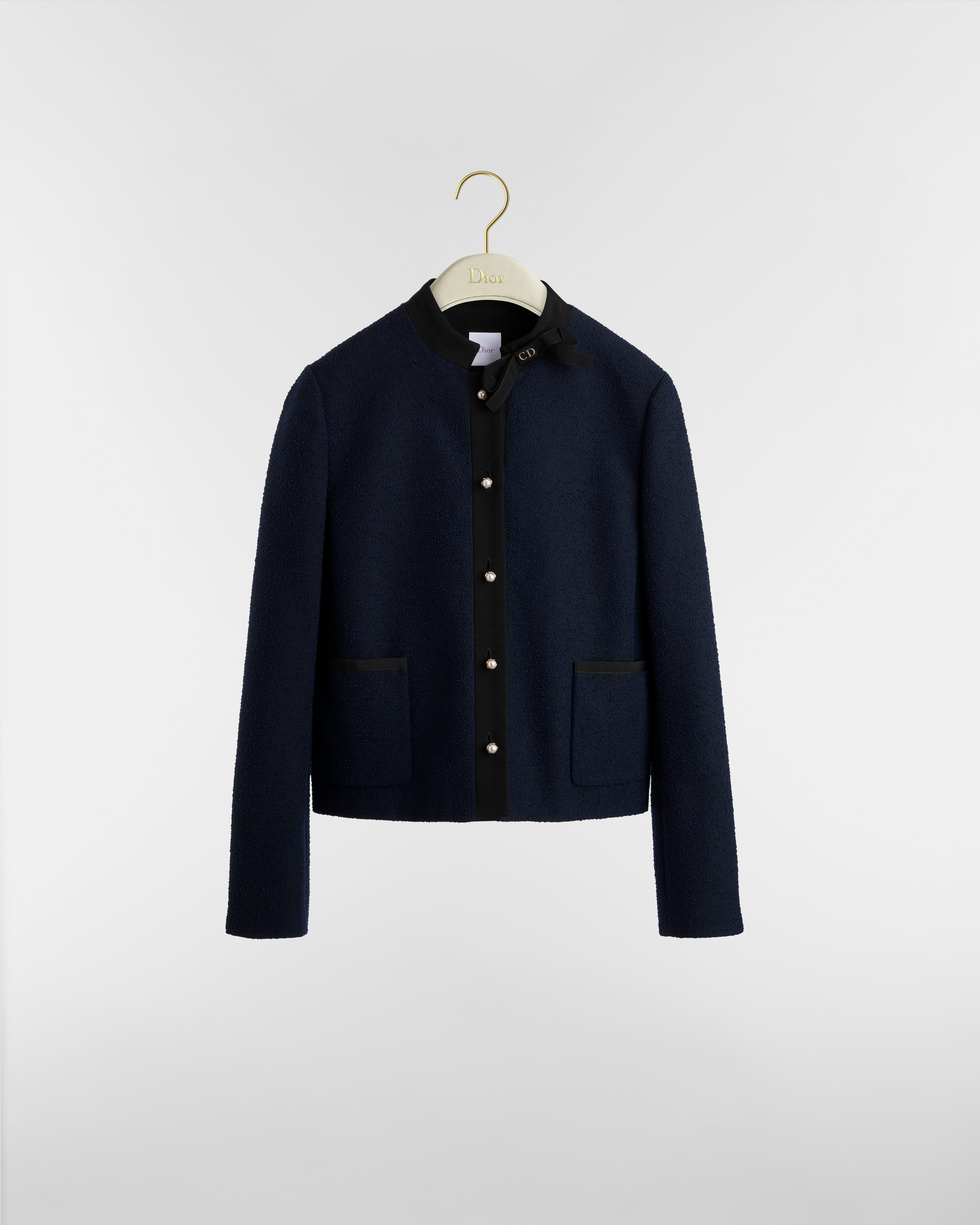 Cropped Jacket Navy Blue Virgin Wool-Cotton-Blend Bouclé E01