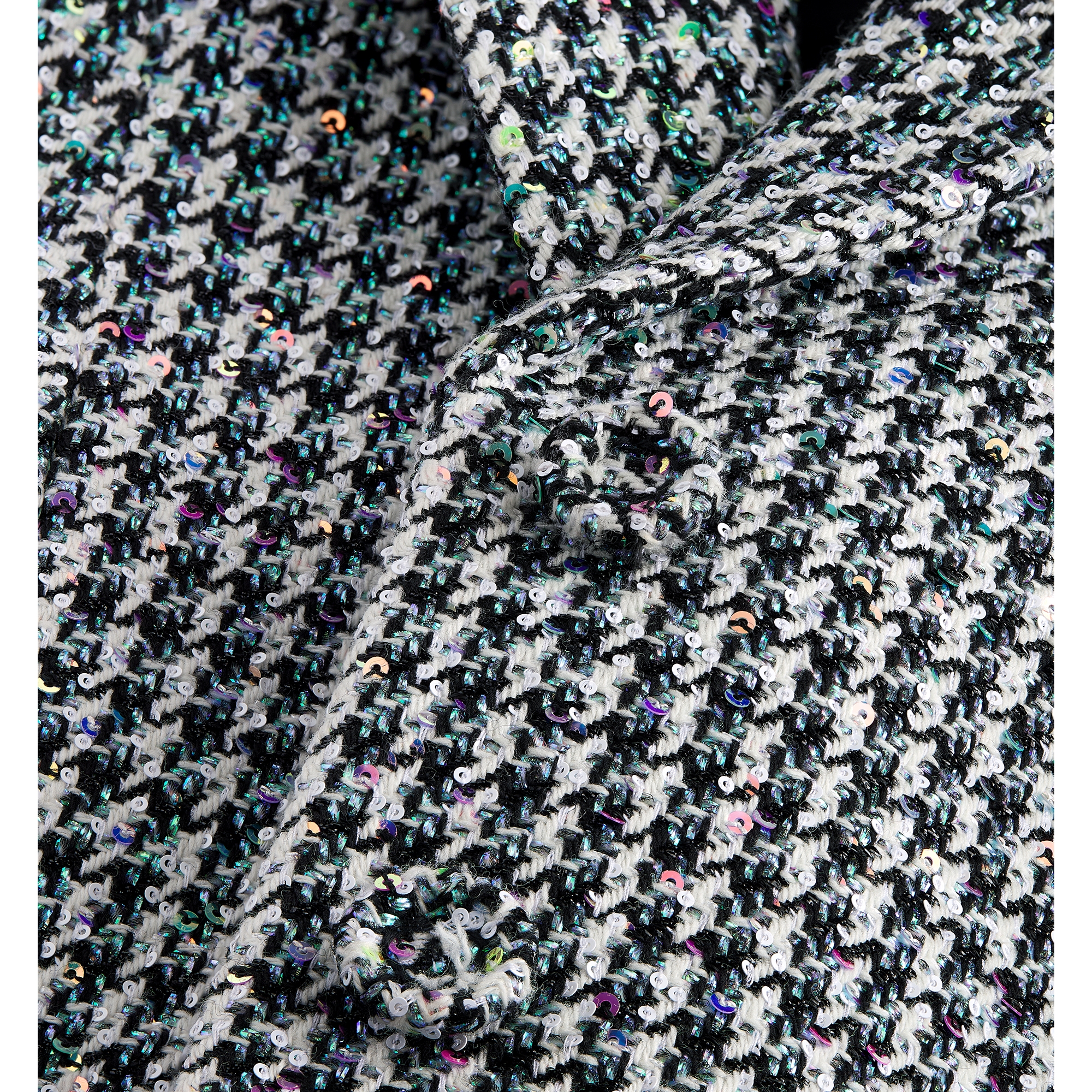 Fitted Jacket Black and White Houndstooth Virgin Wool Blend with Multicolor Sequins E09